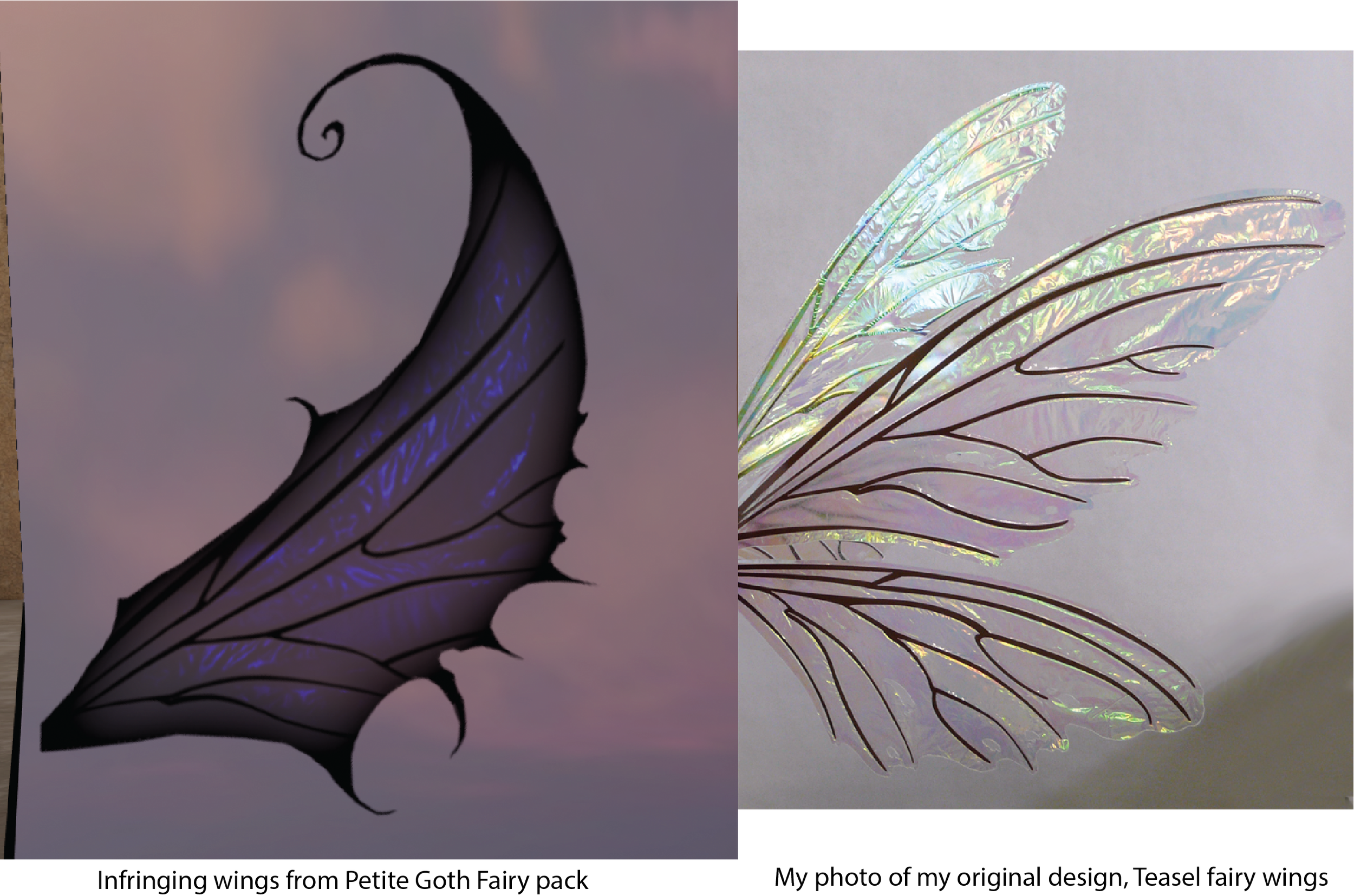 side by side images showing a purple wing next to the real life photo that was used as the texture for it