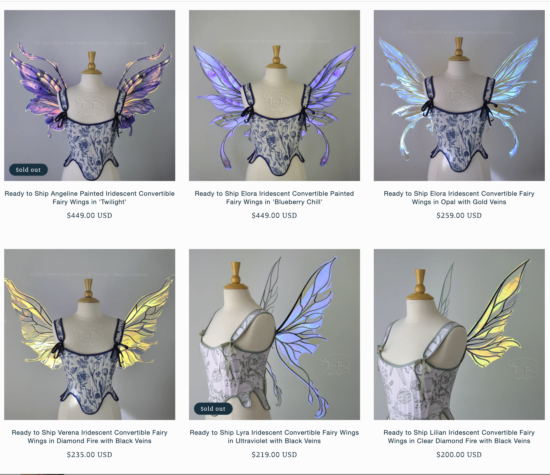 Screenshot of the Fancy Fairy Flash Sales page showing 6 sets of fairy wings with 2 sold out