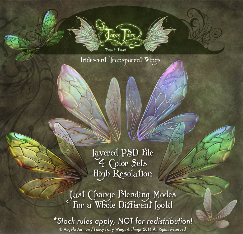 Listing graphic for the Bee Fairy Wings showing different colored versions of the iridescent wings against a dark green background with text saying *Stock rules apply, NOT for redisribution!