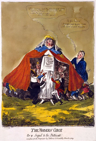 The modern Circe or a sequel to the petticoat by Isaac Cruikshank (1809). Cartoon shows Mrs. Mary Anne Clarke, wearing the Duke of York's military cloak, extending it to cover a crowd of miniature soldiers, civilians and clergymen clustering around her with outstretched arms, Mr. Waddle (Mr. Wardle), standing to the side, gazes at her and declares his fascination. (Photo by: Photo 12/ UIG via Getty Images)