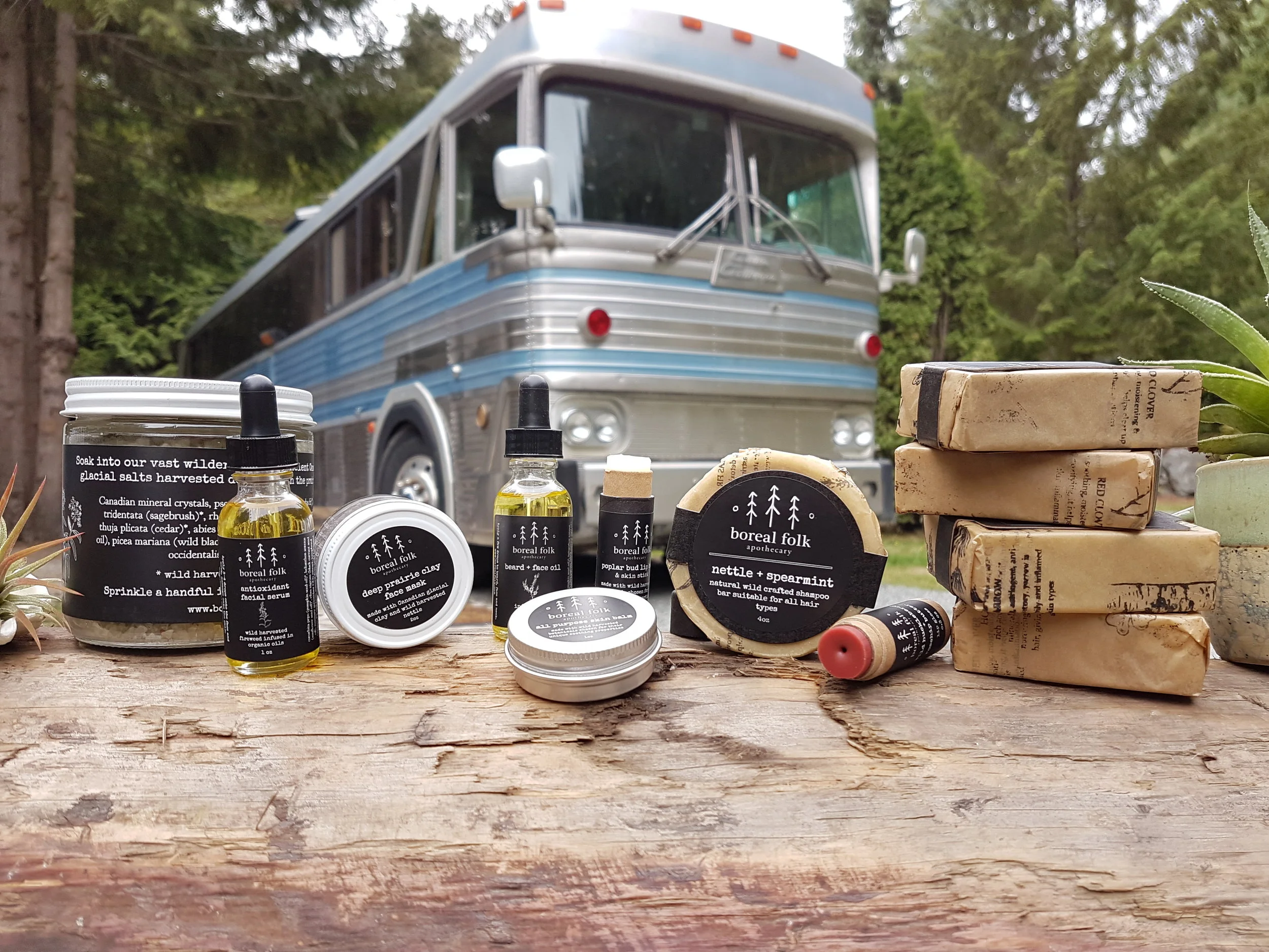 Included products in giveaway: Nettle + Spearmint Shampoo Bar, Chickweed + Mint + Soap, Sagebrush + Cedarwood Soap, Wildflowers + Sweet Birch Soap, Labrador Tea + Fir Soap, Fireweed Antioxidant Facial Serum, Juniper Beard Oil, Wild Mountain Bath Salt, Wild Huckleberry Lip Gloss, Poplar Bud Lip Balm and Spruce Resin All Purpose Balm.