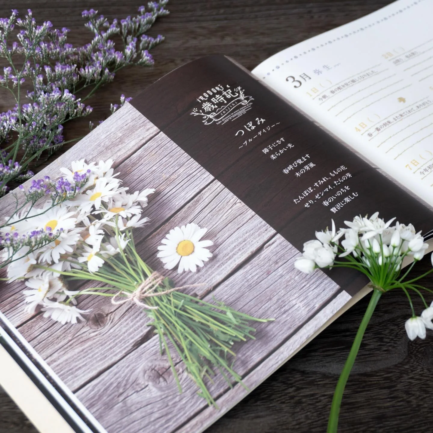 感謝の歳時記
3月〜弥生〜
季節の言葉
ー＊ー＊ー＊ー＊ー＊ー＊ー＊ー＊ー
・雛・東風(こち）・春雨・なごり雪・卒業
・初雷・白酒・朧月(おぼろづき）・陽炎・芽柳(めやなぎ）
ー＊ー＊ー＊ー＊ー＊ー＊ー＊ー＊ー
.
習慣によって自分の幸せに気づき
持続的な幸せを
.
日記帳を必要としている人はもちろん、
人生の節目（出産、結婚、就学、就職、転職、退職、転居）を迎えている方や、
前に進む力を作り出そうとしている方、
もう一度自分の幸せを再認識したい方はぜひお使いください！
.
詳細