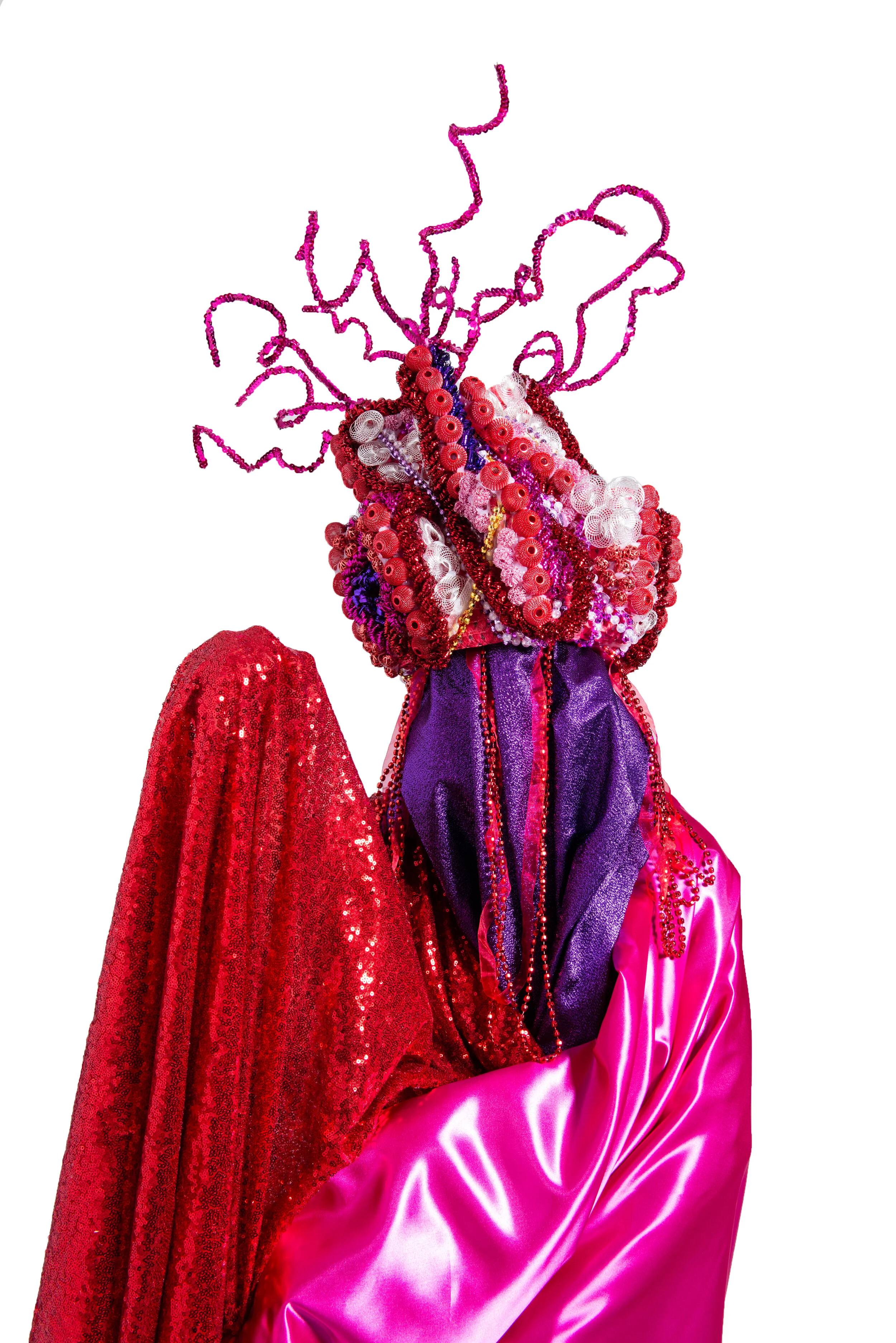 Chaquén Headdress, 2019, Metallic Beads, Coated Mylar, Lametta, Milan Straws, and Sequins
