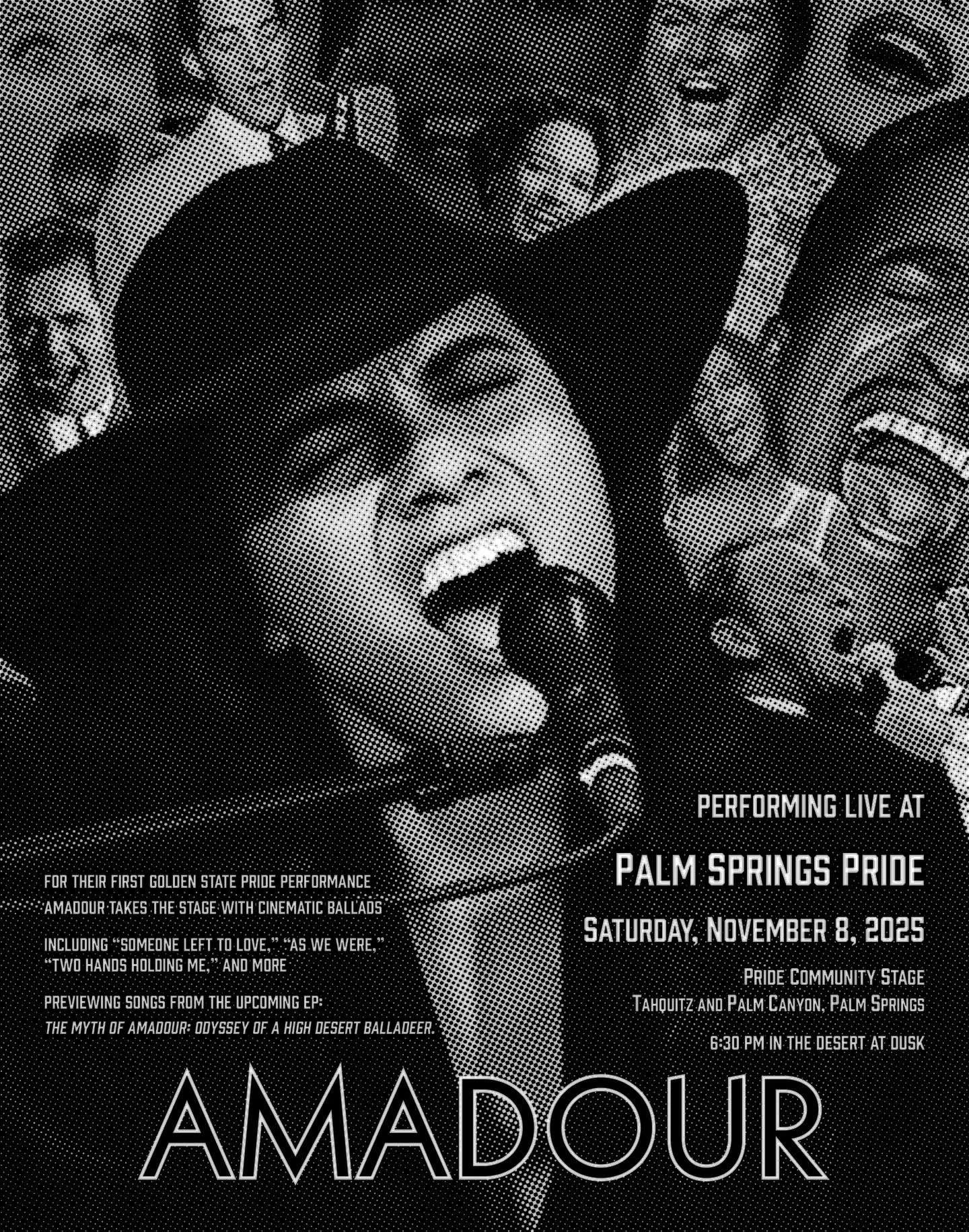 See the Amadour Show live @palmspringspride 2025 🌴

Legends will be packing the house, conjuring that unmistakable midcentury Hollywood energy at dusk.

Join me for my biggest Pride stage yet as I share a half-hour set of cinematic ballads and Calif