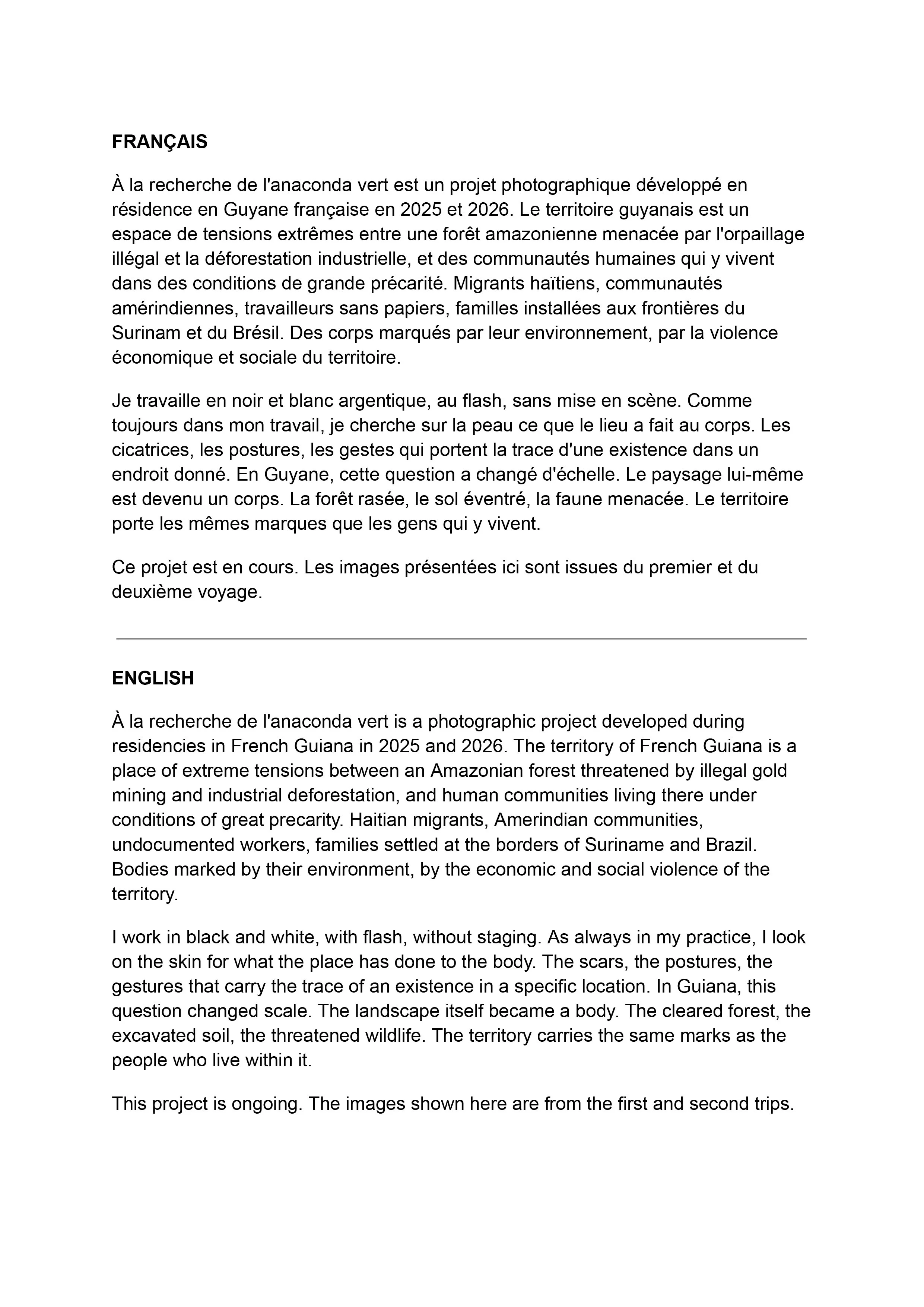 Text in French and English explaining a photographic project in French Guiana about the effects of environmental and social issues on local communities and landscapes.