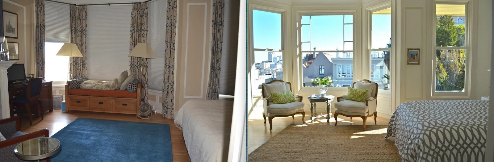 Remove blinds and drapes to enhance light and space. Arranging a table and chairs, simplifying the wall colour and updating bedlinen can accentuate the sense of space.