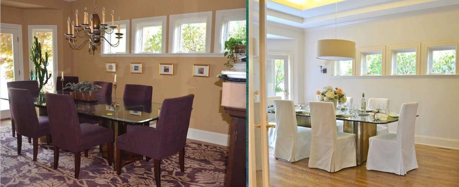 Changing light fittings, covering chairs and exposing the floor give this dining room more light and a contemporary look.