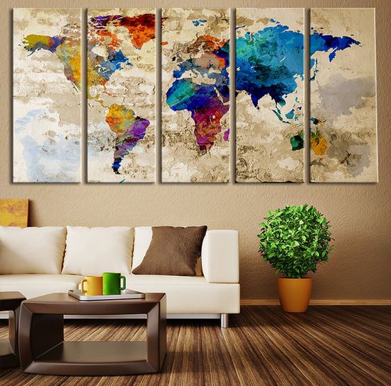 A bright and colourful map against a neutral background can really pop. Pick out one or two colours from the map and bring them into the room.