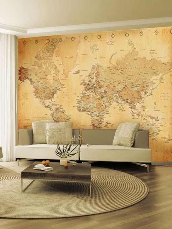 The gold tones of this wall map are soft and warm. The rest of the room is rightly neutral, decorated in warm shades of beige. brown and 'greige'. Cosy and elegant.