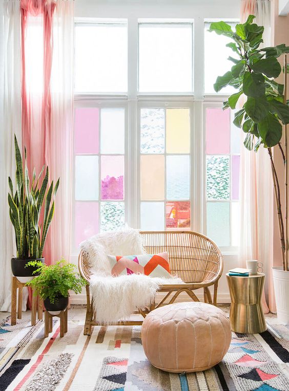 A gorgeous, modern take on stained glass and would be easy to achieve using window film. This technique would be great for urban areas especially, as it means you have lots of light, but aren't so overlooked by your neighbours.