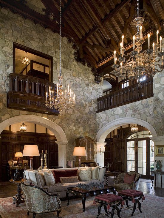 For a modern nod to Gothic, resist the urge to go too dark or too black. Instead, opt for natural materials, such as stone, darker woods and curved arches. The patterned chairs and cushions here show Medieval design elements and the rich colours complete the look. 