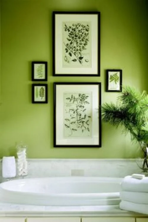 The bathroom is one of the best (and safest!) places to try out this colour. Traditionally a bathroom suite is white and it goes so well with Greenery. What's made a difference in this bathroom is the use of white marble as a splash back, which provides texture and interest to the white. And the way the owner has added the black framed plant pictures. They break up the colour, but at the same time re-inforce it and what it represents. Very effective. I love too the plant peeping in at the side. Picture: due-home.com