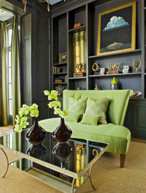 For those die-hard grey fans, this zesty green even works with this rich grey wall. See how it gives the opportunity to use gold, glass and mirrored objects and brings an opulence to the whole room. The green sofa here really 'pops' - I wonder if a green velvet one would look even better. Picture: themakerplace.co.uk
