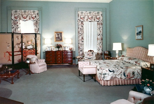 The master bedroom in 1958, back to being a bedroom and decorated by Mamie Eisenhower. Her fondness for this shade of pink sparked a national trend for pink clothing, homewares and bathrooms. It was also Mamie Eisenhower who was the first person to initiate Halloween decorations to be put up in the White House. Photo: whitehousemuseum.org
