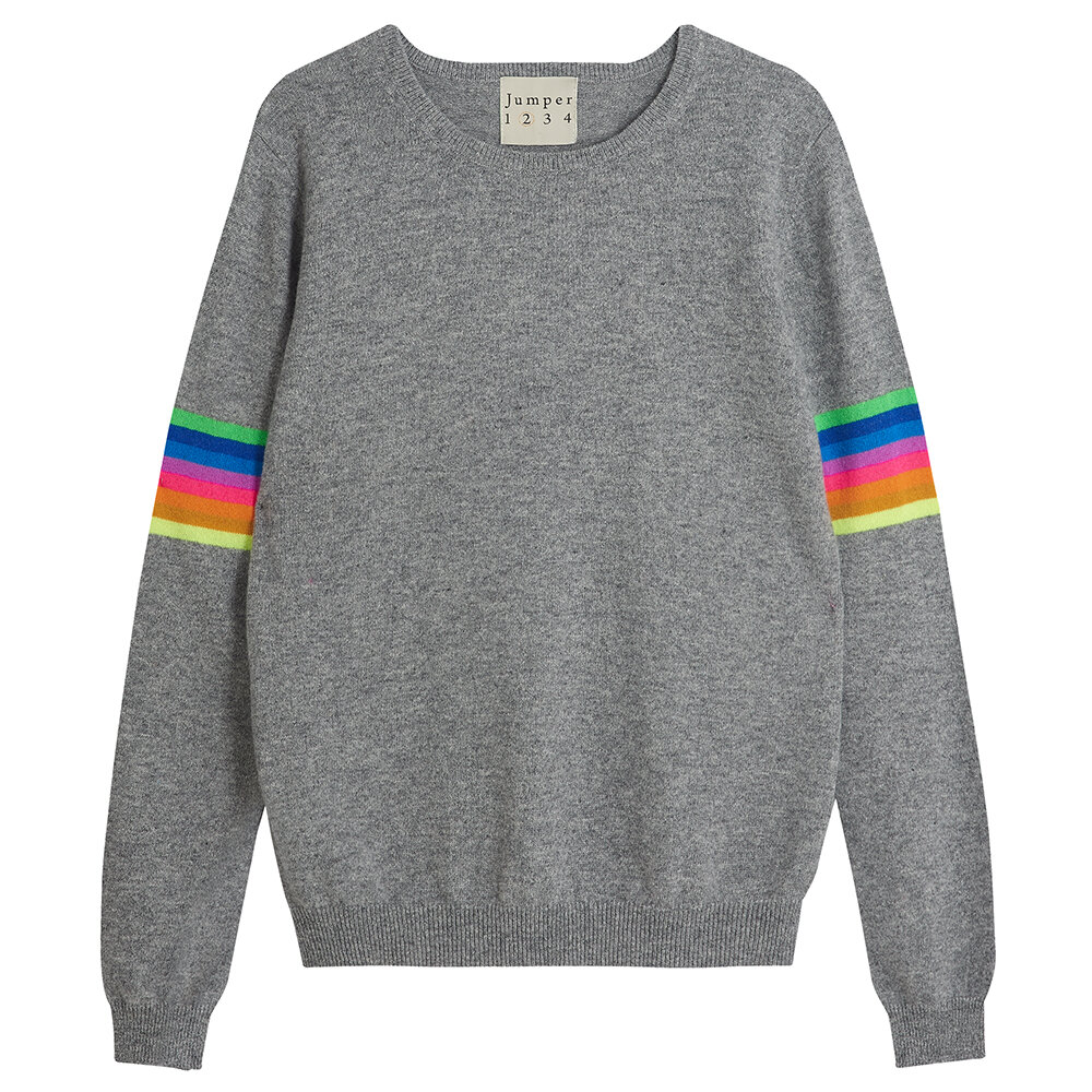grey sweatshirt with rainbow stripes