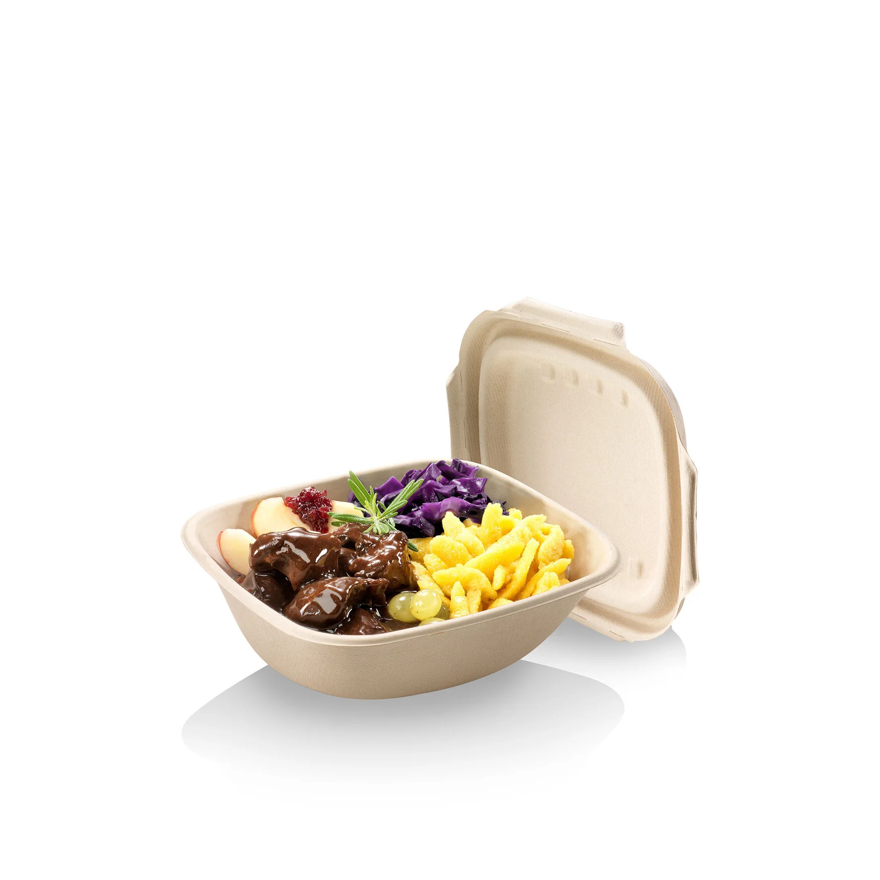 WEBAbowl Schale rechteckig aus Bagasse geeignet für Backofen (mit Backpapier), Mikrowelle, -25°C bis +220°C, fettig, flüssig, kompostierbar, aus Zuckerrohr-Pflanzenresten