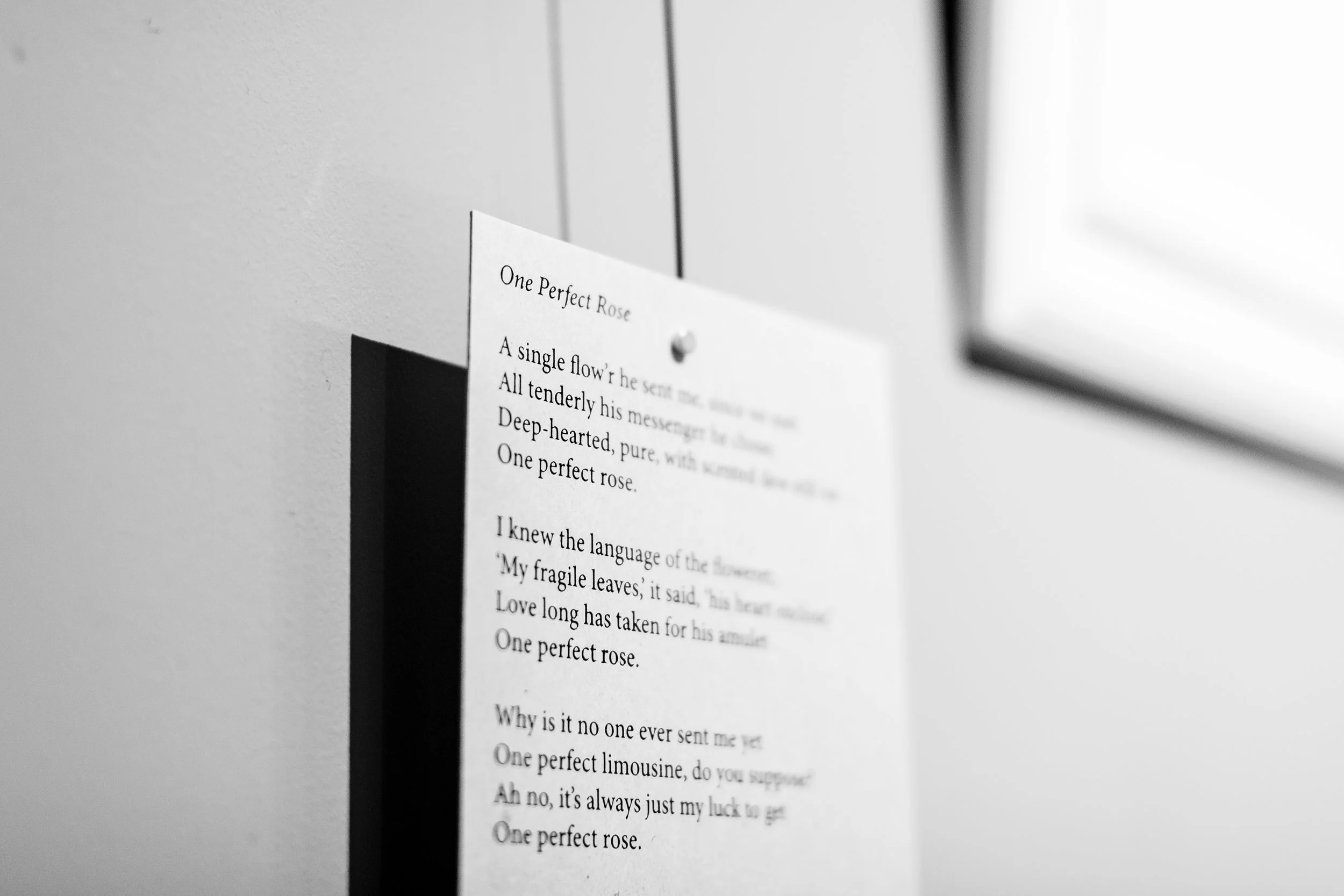 I used poetry cards on the wall hung from metal lines.