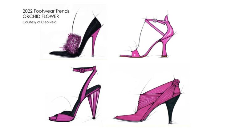 Cleo Reid предоставя примери за тенденции в обувките, които можем да очакваме да видим с цвете на орхидея през 2022 г. Ключови тенденции: Обикновени сандали, използващи фино оголване, голям акцент върху формата и силуета, като основният акцент е петата.