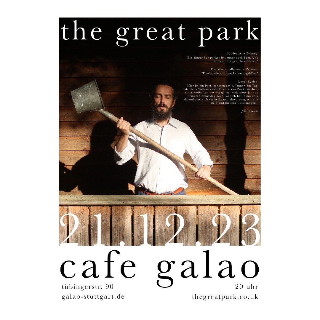 I'm playing just two more shows this year - Thursday at the brilliant @cafegalao in Stuttgart and then Friday at K.I.S.S. in Freiburg. Been to both many times before, happy to be going back.

#thegreatpark #konzert #stuttgart #concert #cafegalao #gal