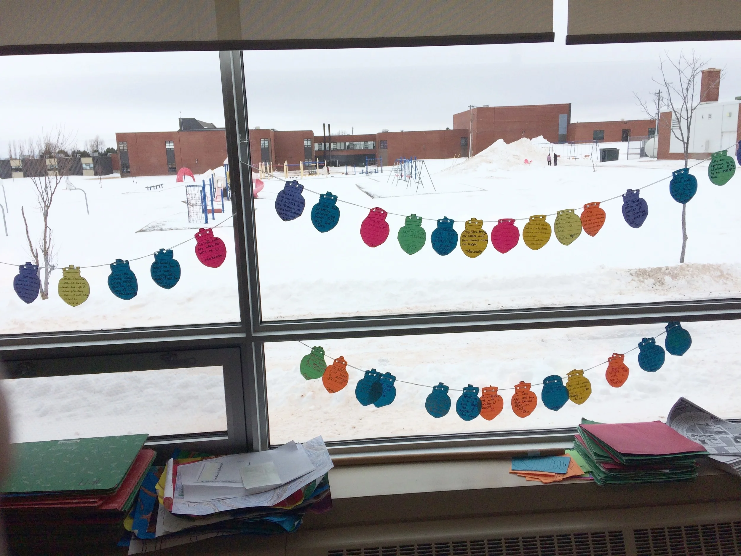 Light up a Life. Students in Ms Connolly's and Mrs Ghiz's class wrote on lightbulbs something that someone has done for them, or does for them that helps to make their day. It also links to the idea that small acts can make a big difference in someone's life. We need to choose to be the light in someone's life and bring happiness to help spread it around the world! This connects to Global Citizenship because the students learn the difference between an action that can bring happiness vs an action that does not. Again, ties into small acts make a big difference in our school and our community.