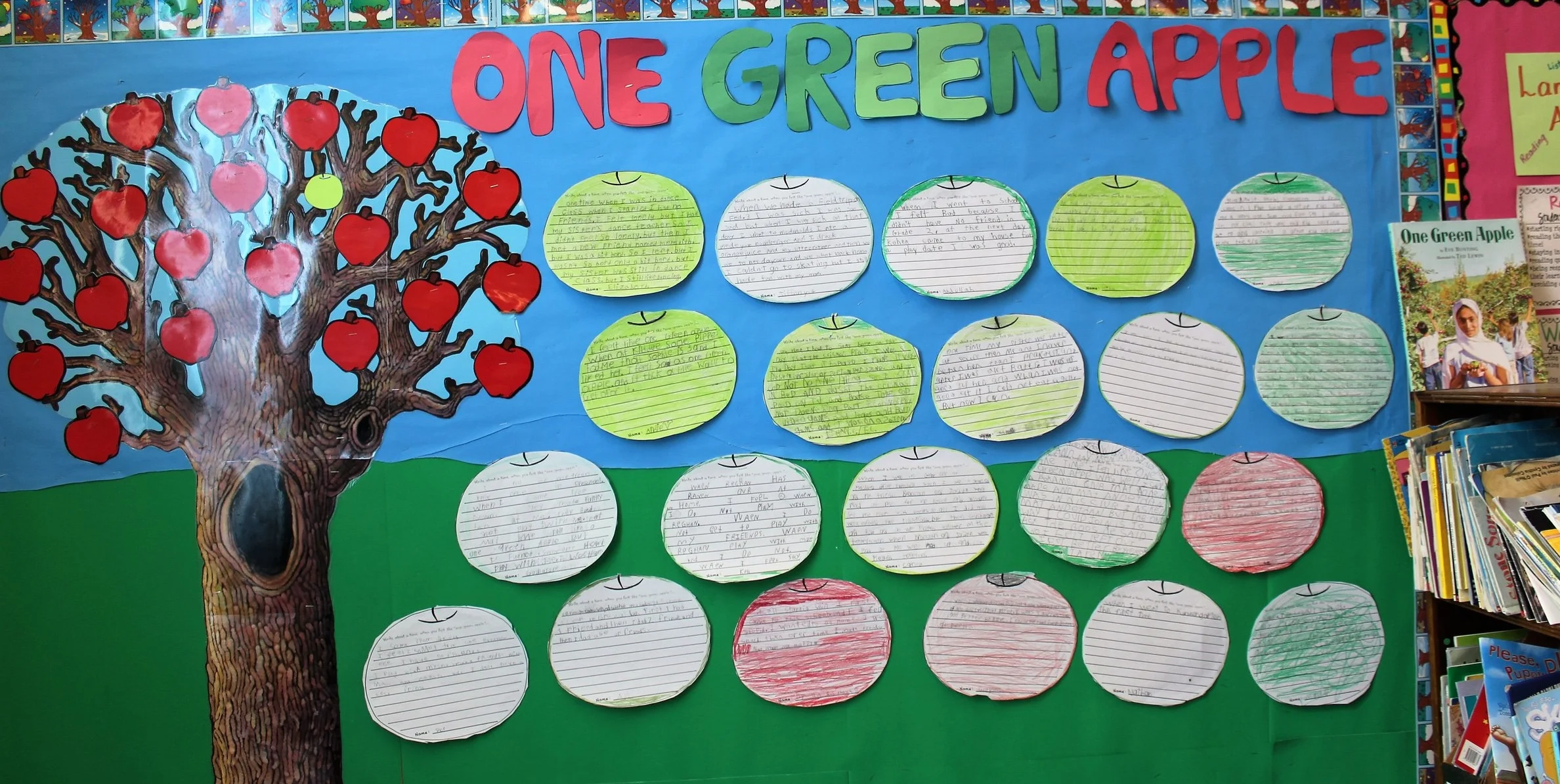 We read the book One Green Apple, which addresses a child’s experience living in a new country where she doesn’t speak the language or know the culture. One of my students is a new addition to the class and country and is limited in her knowledge of the English language. Discussion allowed children to better understand how she may feel in our classroom and the importance of their words and actions in showing her acceptance and friendship. We then connected the symbolism of the one green apple being added to all the big red apples to make the cider in the book. Children could all relate to the theme of being left out, so they wrote about a time when they felt like “one green apple”. This activity connects to global citizenship because it helps children to relate their experiences to those of another child from a different culture. Many students didn’t think they could relate to the new student’s situation, however, when looking at the common theme of feeling “left out”, they were able to make personal connections. It also helps children to think critically about the ways that people from all over the world are the same and different and that, more often than not, we can make a similar connection to their thoughts, feelings, and experiences.