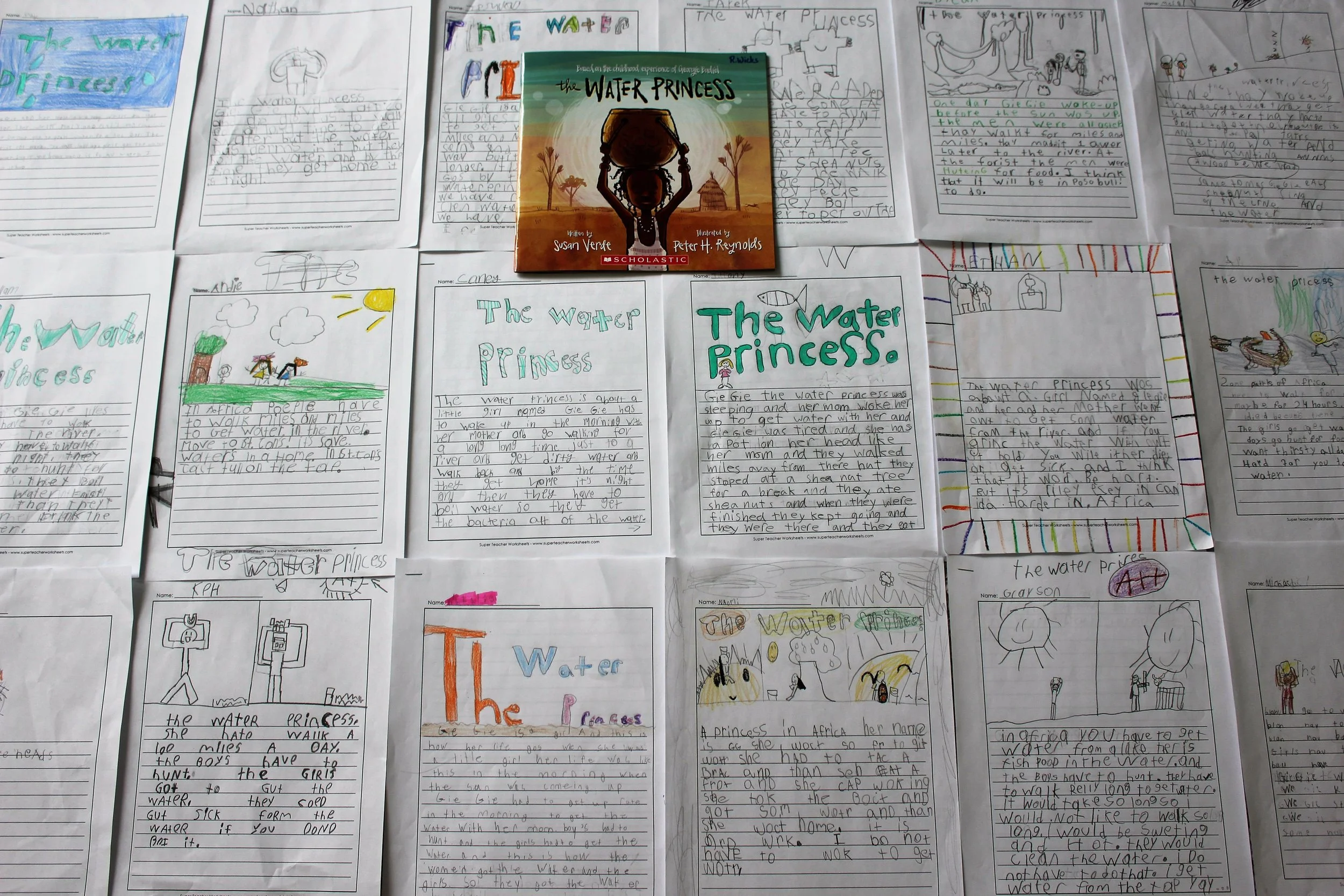 We read the story The Water Princess, which is based on the true life experiences of model Georgie Badiel, living in an African village as a child. The students learned that she had to walk many miles every day to just to get water that wasn't even clean or safe to drink. it was a very eye-opening fact that not all children live in nice houses with running water and electricity! This activity relates to global citizenship because it helps to increase awareness of some of the hardships faced by many people around the world. It also helps them to see how children, like themselves, have a lot of responsibility and difficult jobs to do each day in order to help their families, and themselves, to survive. In doing so, they are unable to attend school, play, and live carefree like they are able to do. Again, a very eye-opening story that led to a lot of rich discussion, observations, and realizations.