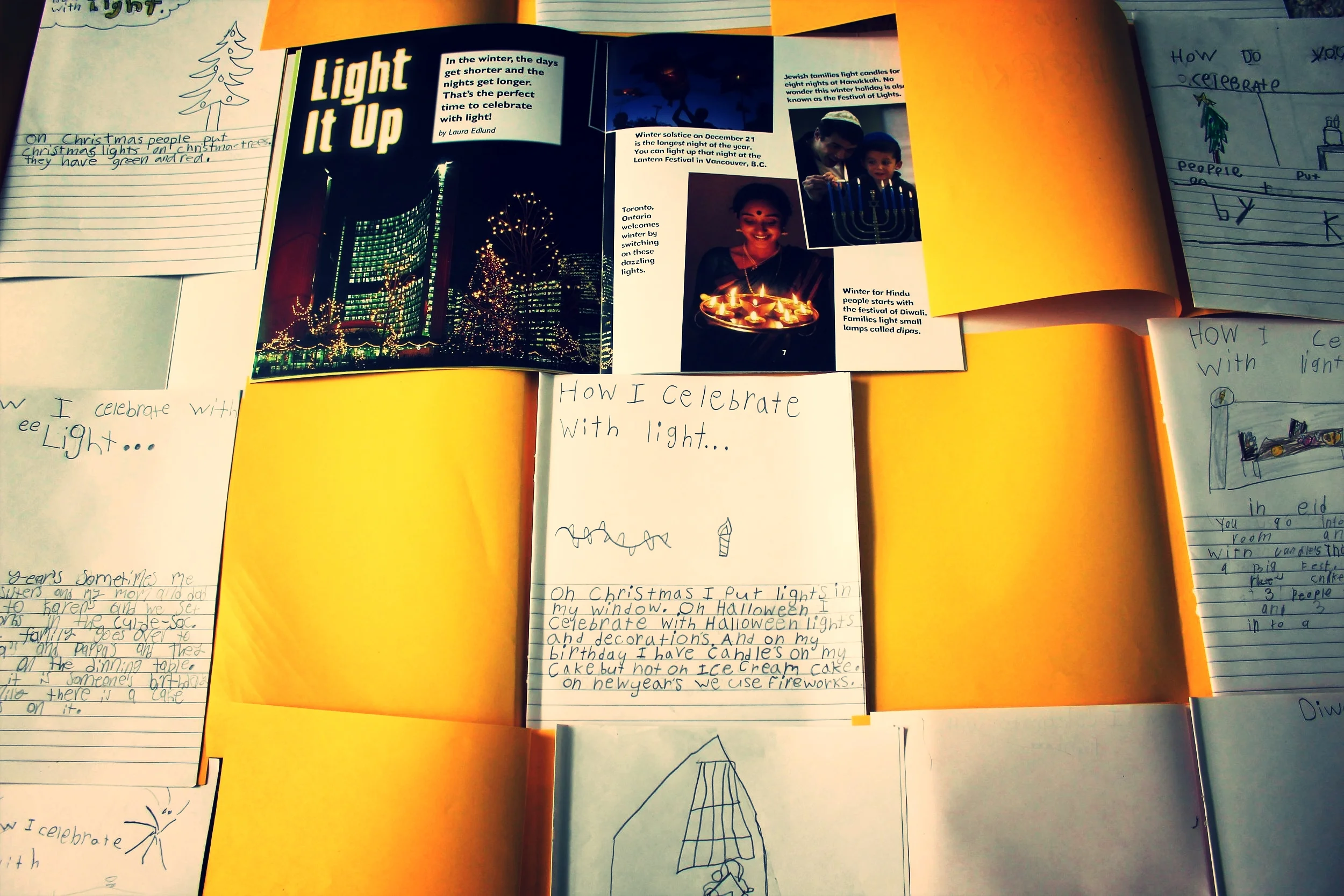 As part of our Language Arts program, we read the story Light It Up, which tells of the different cultural celebrations that occur in winter. As a spin off, children participated in various centres: writing about how their culture celebrates with light as well as writing about the facts learned about each cultural celebration, reading books about cultural celebrations, listening to stories about each celebration (Diwali, Chinese New Year, Kwanzaa, etc.), and working with new vocabulary words encountered with the different celebrations. This activity relates to global citizenship because it helps build awareness of the differences and similarities between various cultures and their traditions. As a result, it helps children to understand, appreciate, connect, and respect the traditions and beliefs held in various cultures.