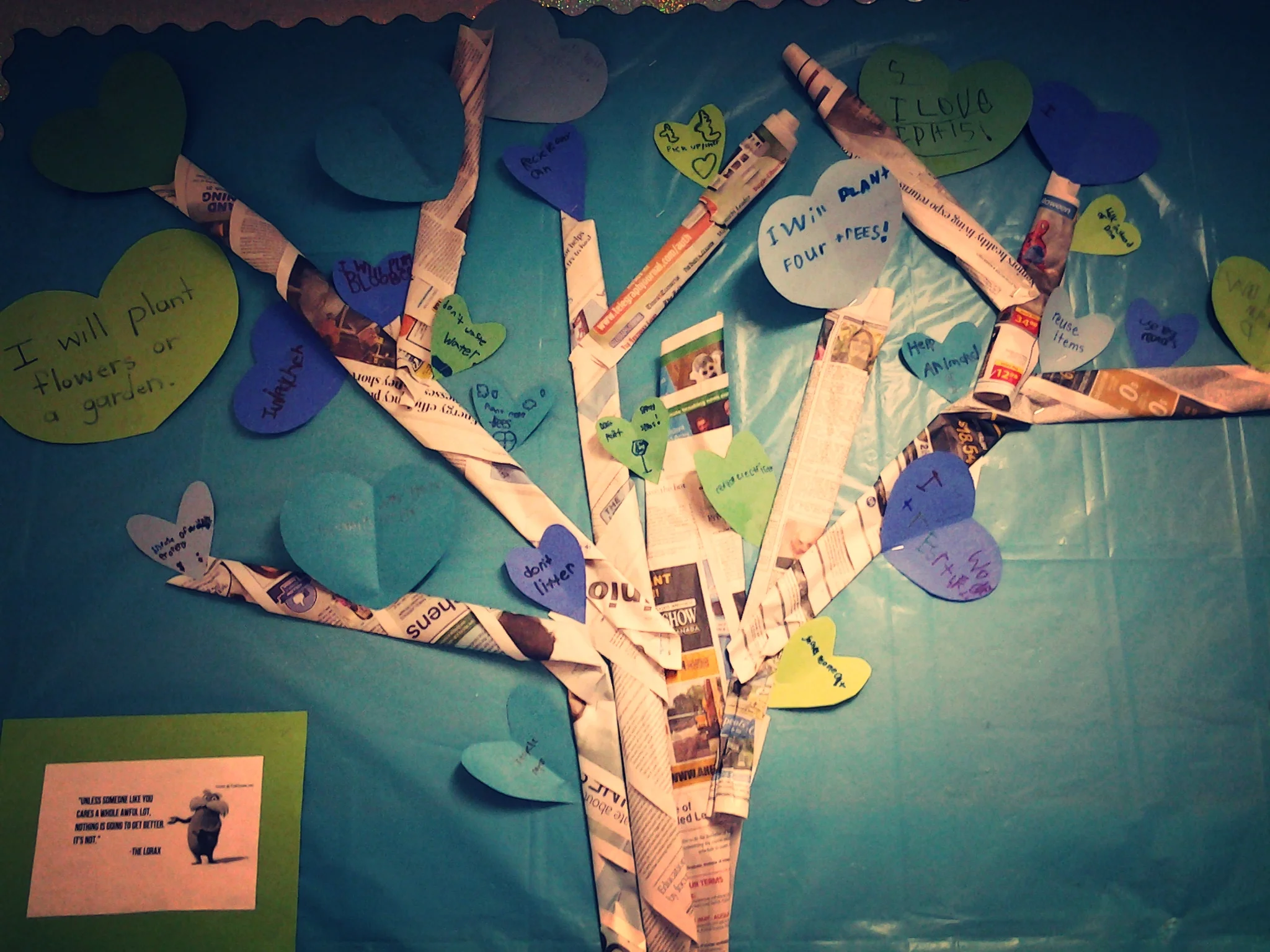 The k-1 class joined forces with the grade 2-3 class to talk about the importance of caring for the environment. They discussed small acts that even little kids can do to make a difference for the environment. They reused old newspaper and scraps of paper to create a display, which encourages others in our school to take action for the environment. If we want a healthy and positive environment we must first have a blueprint in the imagination, a vision. Then that idea can be implemented and materialize. Destruction of natures resources results from ignorance, lack of respect and greed. Children need to know the truth about their responsibility toward the environment. 