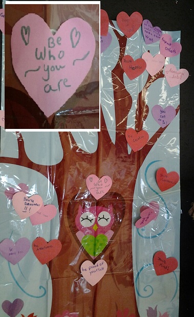 Grade 5 made hearts to post on a large tree to put on display. The hearts offered words of kindness and encouragement. Communication is vital to solving any problem and the words we use will either build a person up or take them down. We can choose whether our influence is positive or negative.