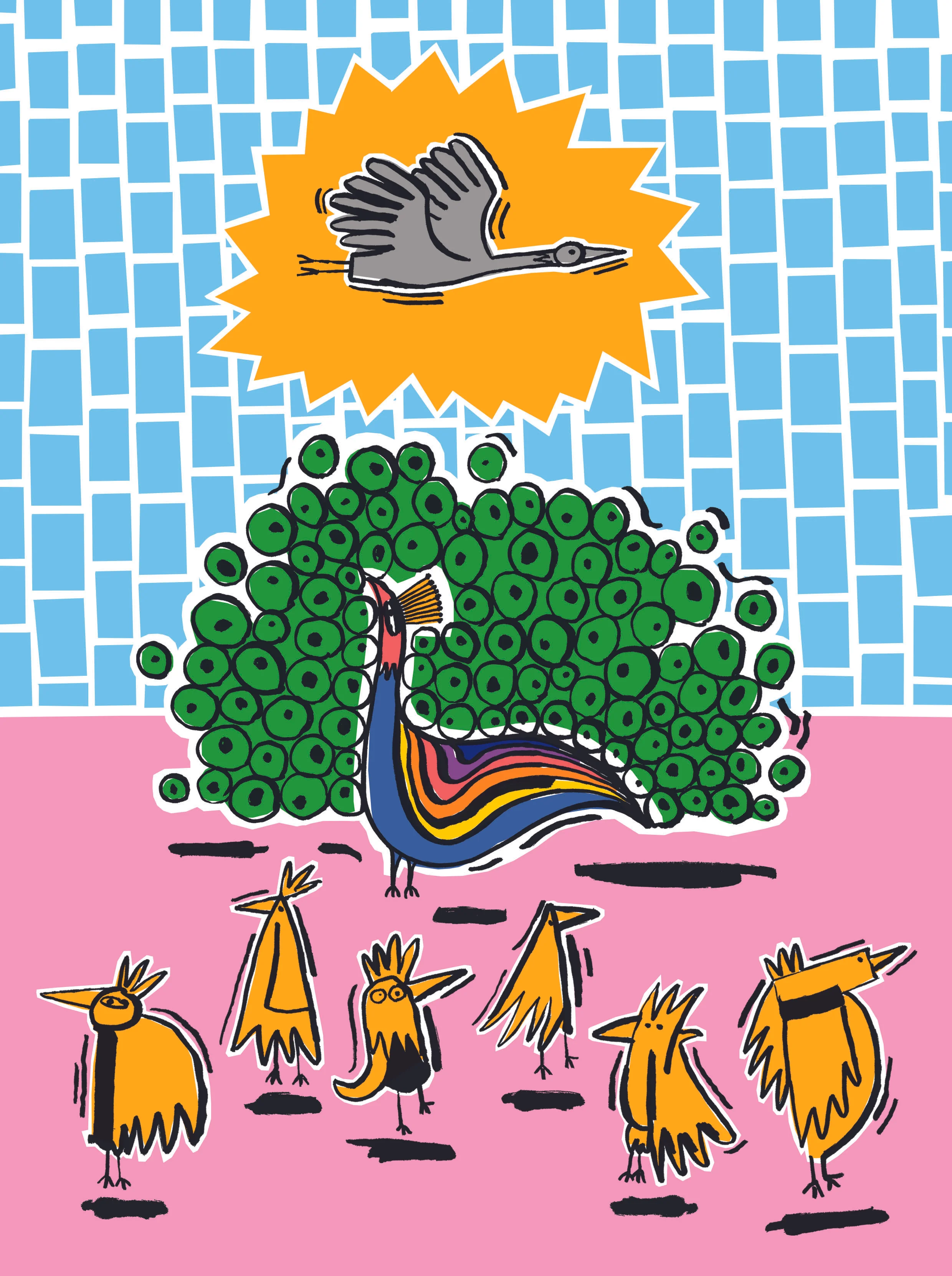 Illustration for the Peacock And The Crane from Aesop’s Fables. In the Peacock issue of Anorak.