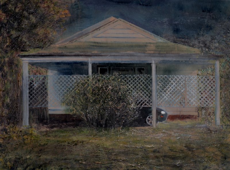 Latticed Carport with Shrub at Dusk