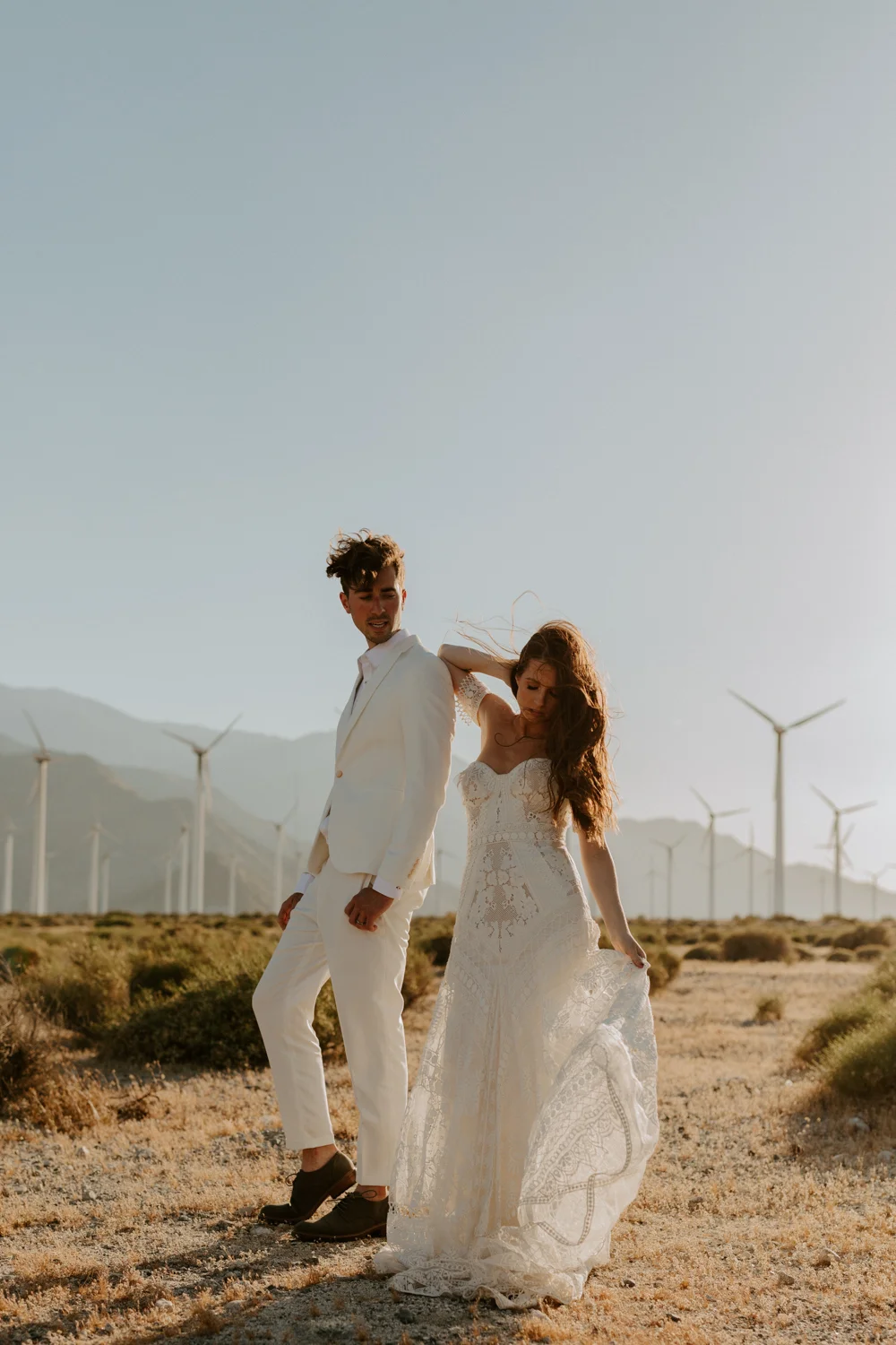 Palm Springs Wedding Photographer | Rue De Seine Wedding Dress | Desert Windmill Photoshoot | Tida Svy | www.tidasvy.com