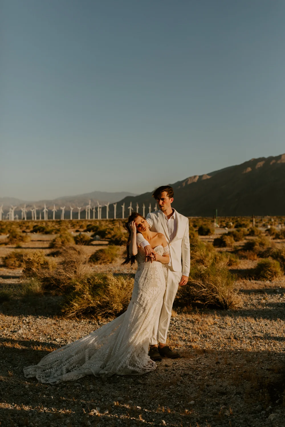 Palm Springs Wedding Photographer | Rue De Seine Wedding Dress | Desert Windmill Photoshoot | Tida Svy | www.tidasvy.com
