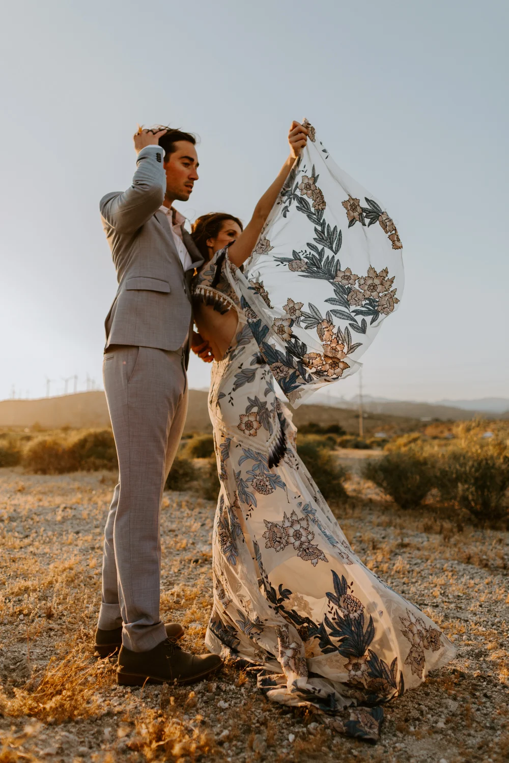 Palm Springs Wedding Photographer | Rue De Seine Wedding Dress | Desert Windmill Photoshoot | Tida Svy | www.tidasvy.com