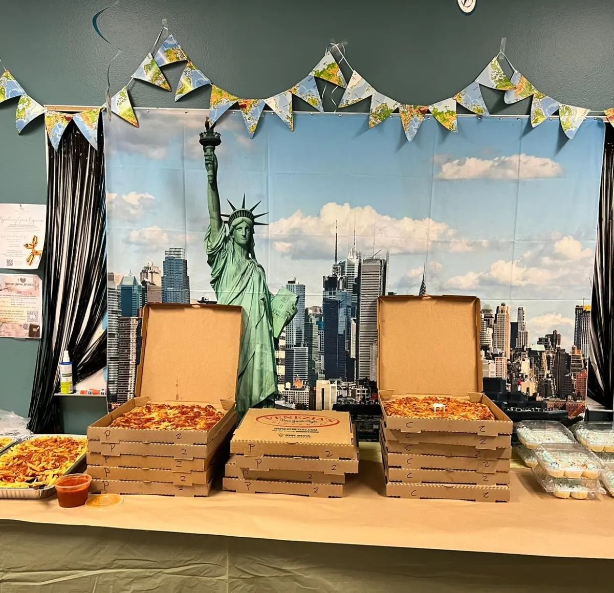 Our staff was in an Empire State of Mind during their stop in the Big Apple this afternoon enjoying pizza and pasta from @veneziaspizza (PV) and cupcakes provided by @sugarandlacebakery . Thank you both for your generosity!!