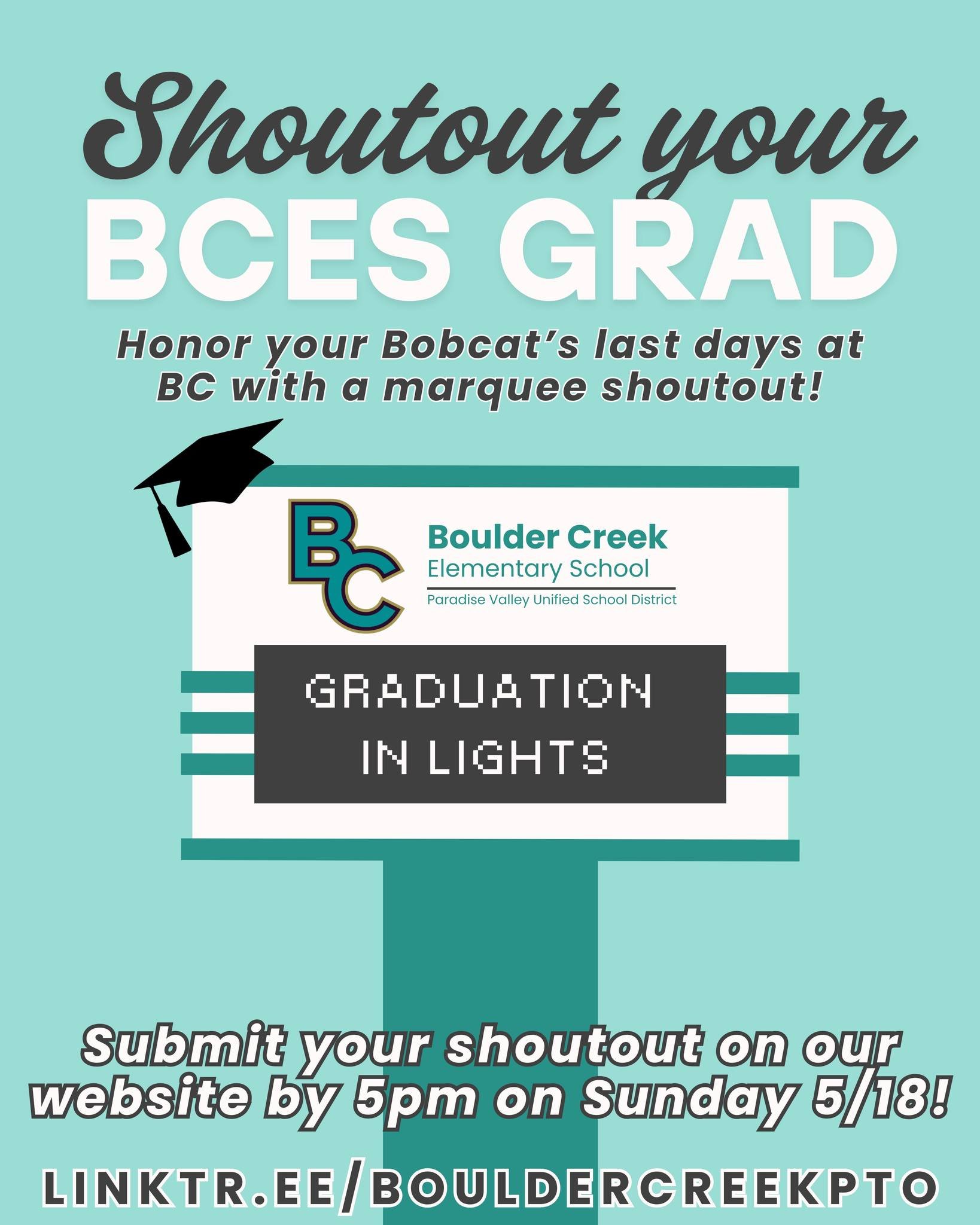 6th grade families! 🎓 🐾

Give your Bobcat a shoutout to make their last days at Boulder Creek extra special! Head to the link in our bio to submit your shoutout on our website by THIS Sunday 5/18 at 5pm.