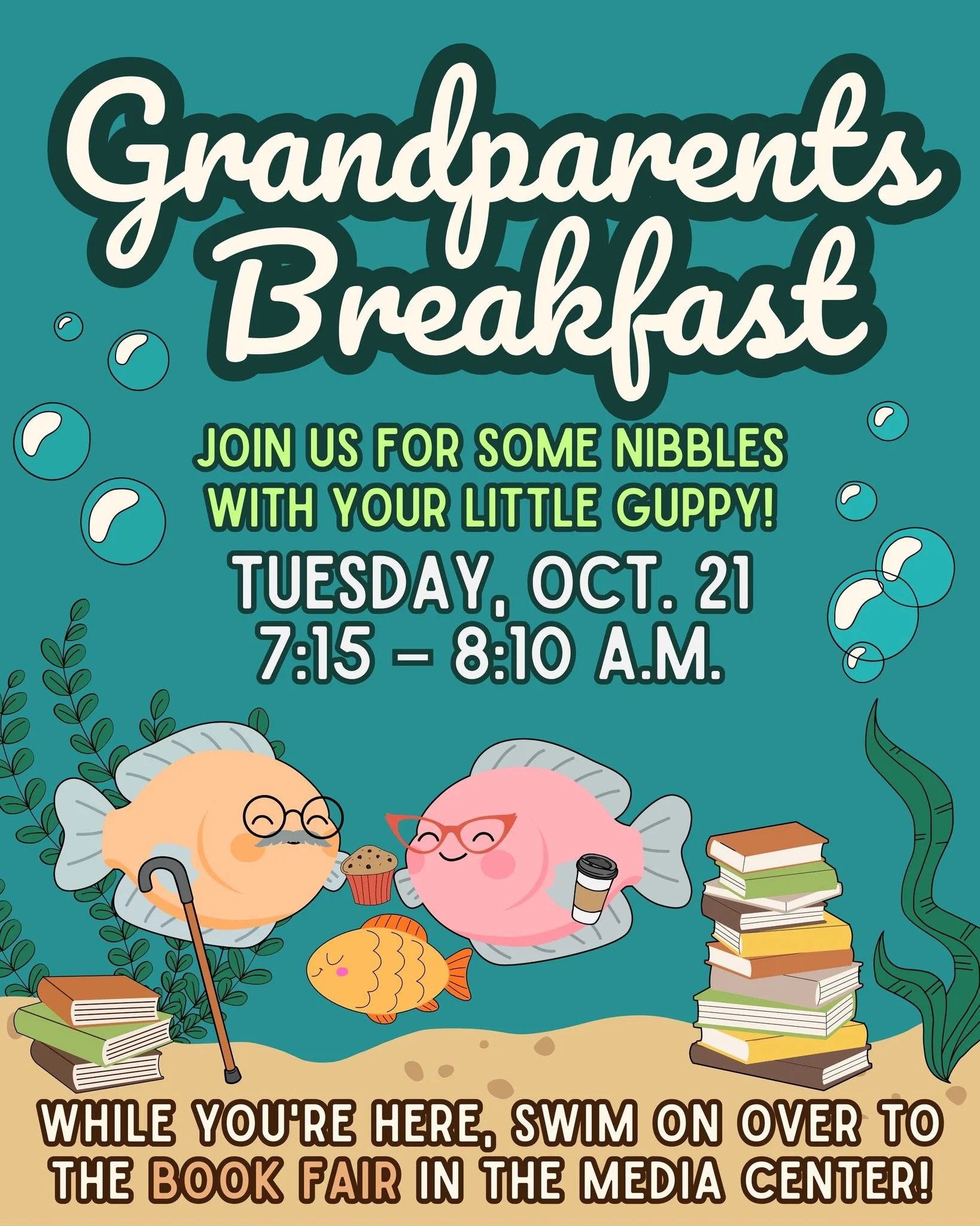 Grandparents! Join us for some nibbles with your little guppy on Tuesday, October 21st from 7:15am-8:10am. While you're here, swim on over to the Book Fair! 📚 🐳

VOLUNTEERS NEEDED: Link in bio! 🔗