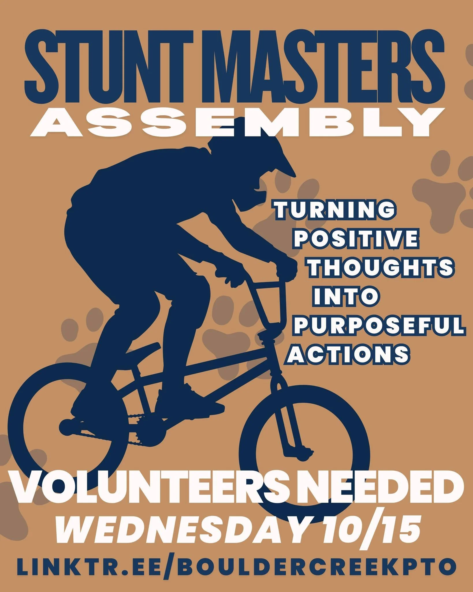 Volunteers needed on Wednesday 10/15! 🐾

The Stuntmasters are coming to BC to teach our Bobcats about turning positive thoughts into purposeful action! This exciting pep assembly comes with a lot of moving parts. We need help throughout the morning 