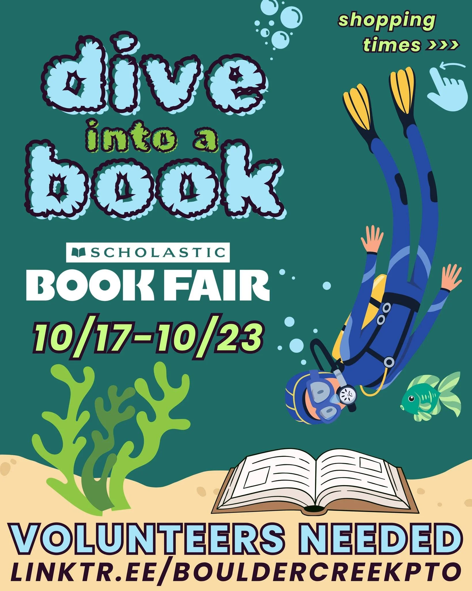Dive into a Book at the Scholastic Book Fair! You are welcome to shop with your Bobcat before and after school, or join them during their scheduled shopping time with their class!🐾

Swipe to see the general Book Fair hours and to find your child's s