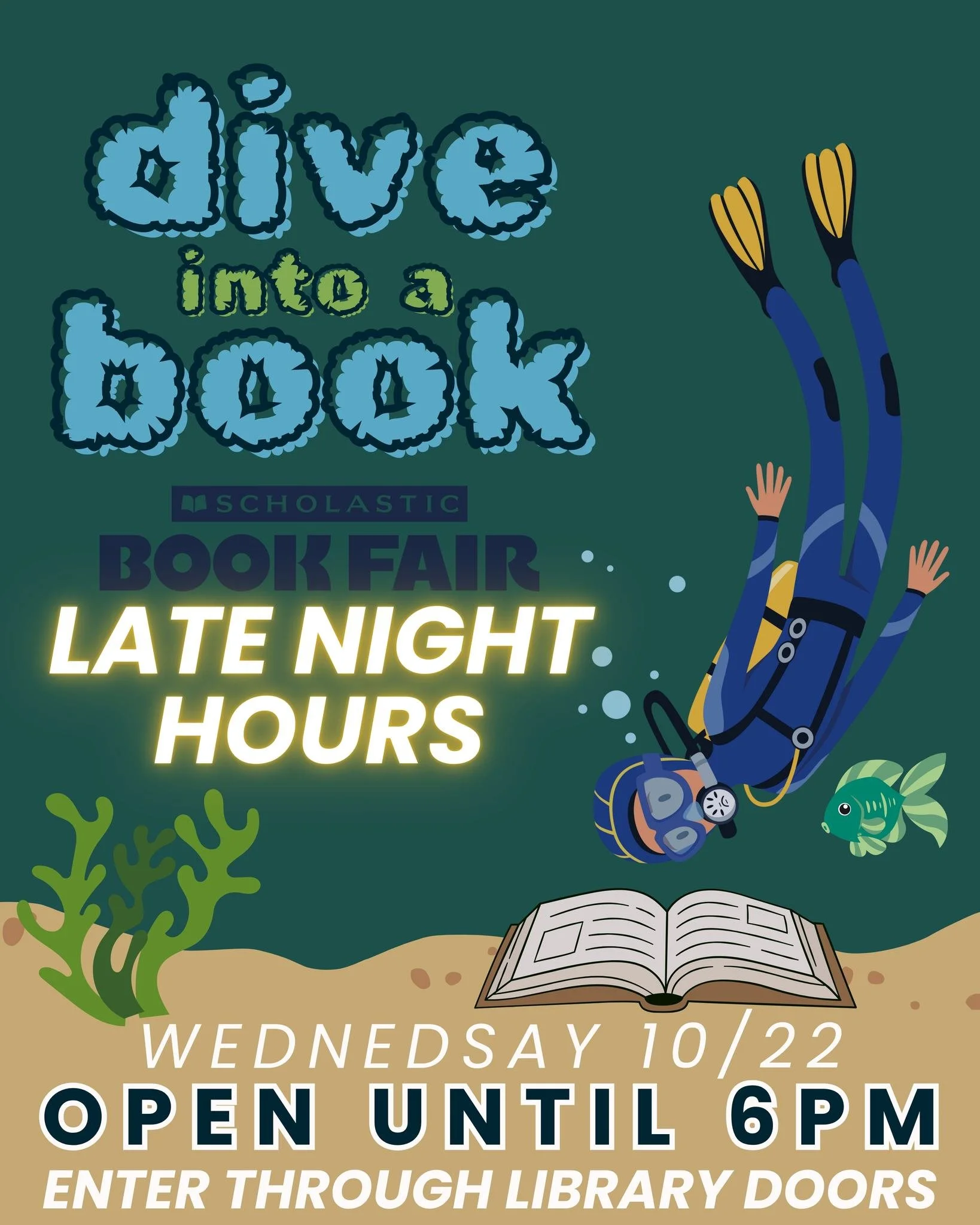 Book Fair &quot;Late Night&quot; hours are tonight! Swim on over to shop with us until 6pm! 🐟📚🐾