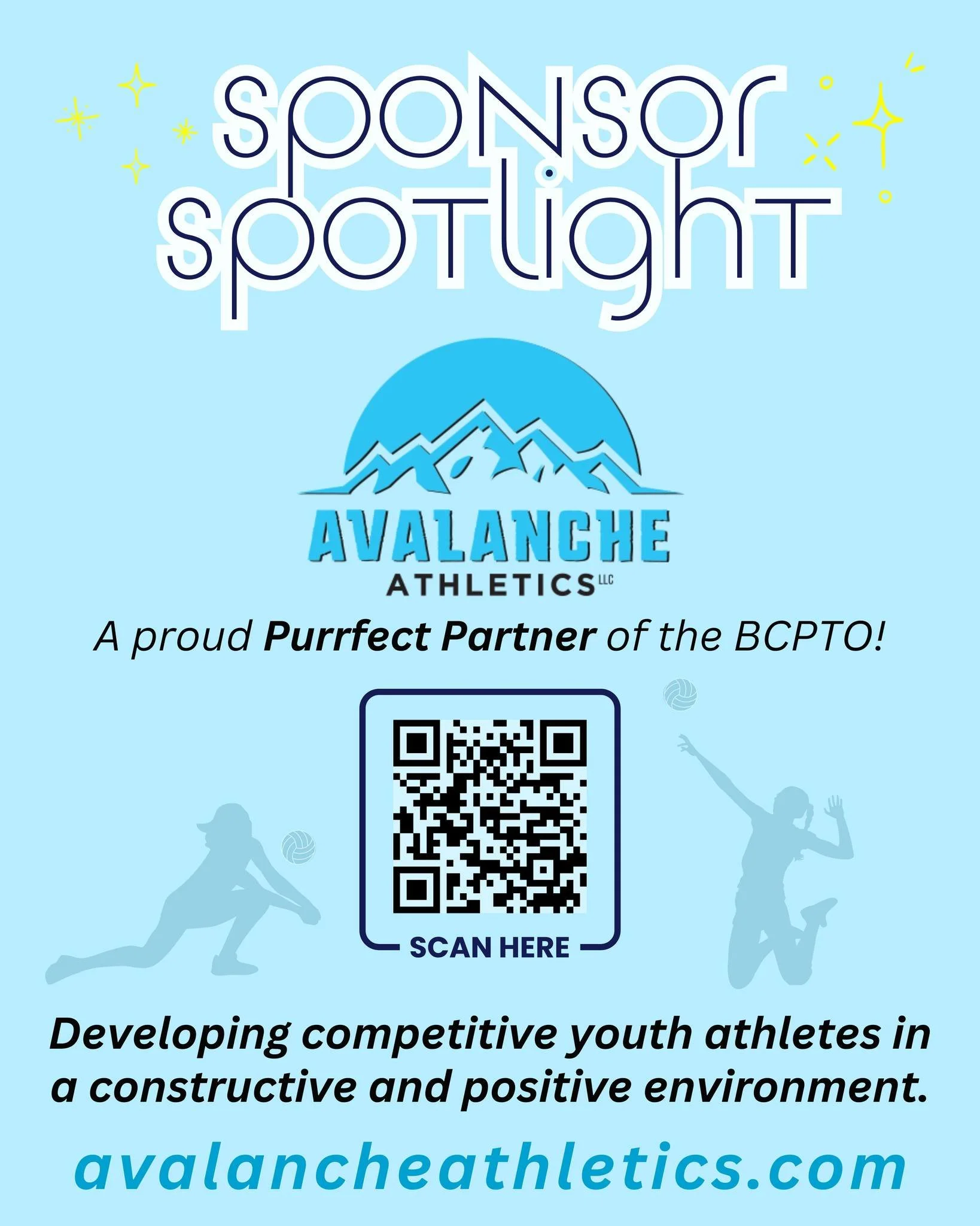 Sponsor Spotlight! ✨

Avalanche Athletics is a Purrfect Partner of the BCPTO this year! We are so thankful for their support! 🐾

This volleyball club is dedicated to developing competitive youth athletes in a positive, growth-minded environment! 🏐
