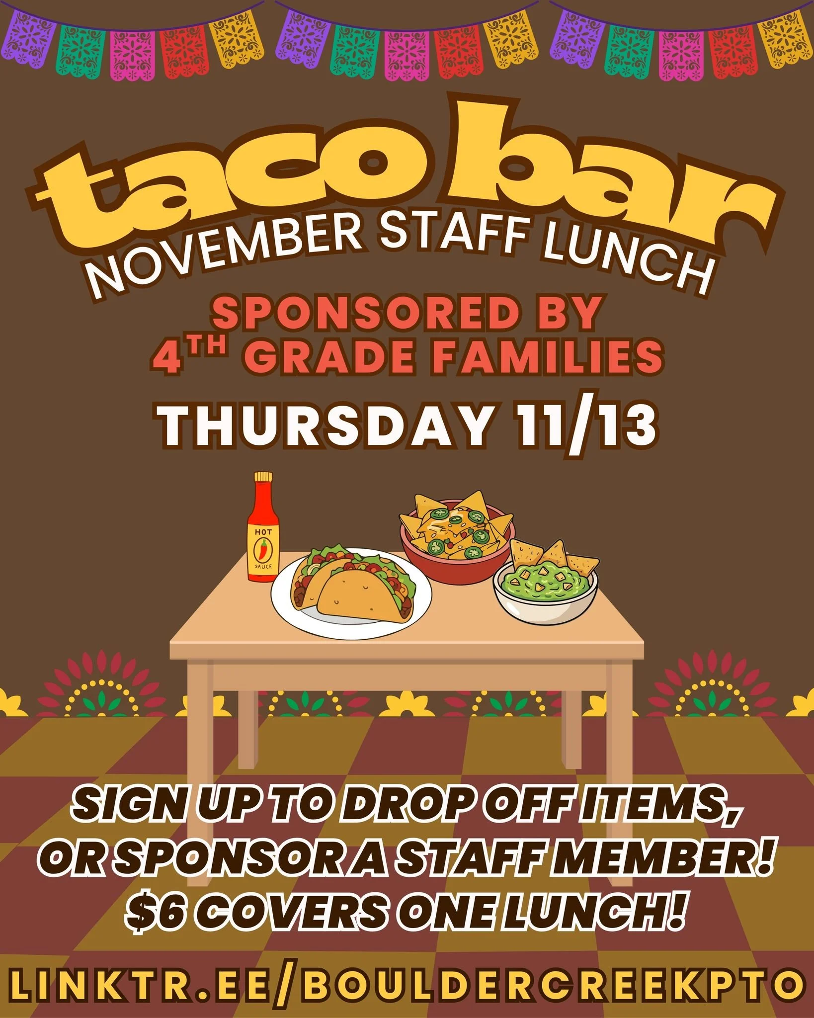 November staff lunch is THIS Thursday! 🐾

Help us treat our amazing BC staff by dropping off items, or through Venmo to the PTO. $6 covers one staff meal! 🍽

🔗 Link in bio!