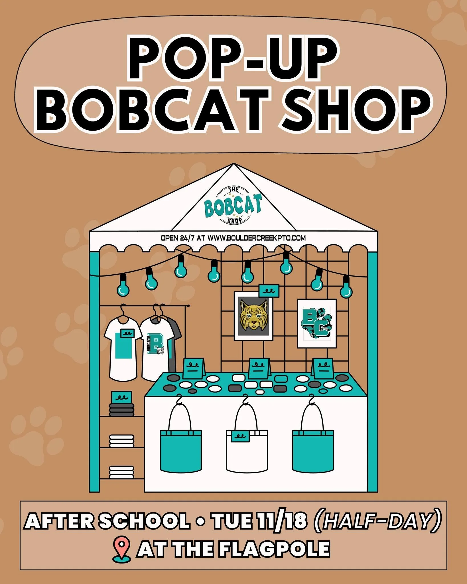 Pop-up shop this Tuesday! 🐾
Show your school spirit and stock up on all your favorite Bobcat gear!

⏰ After school on Tues 11/18 (half-day)
📍Flagpole