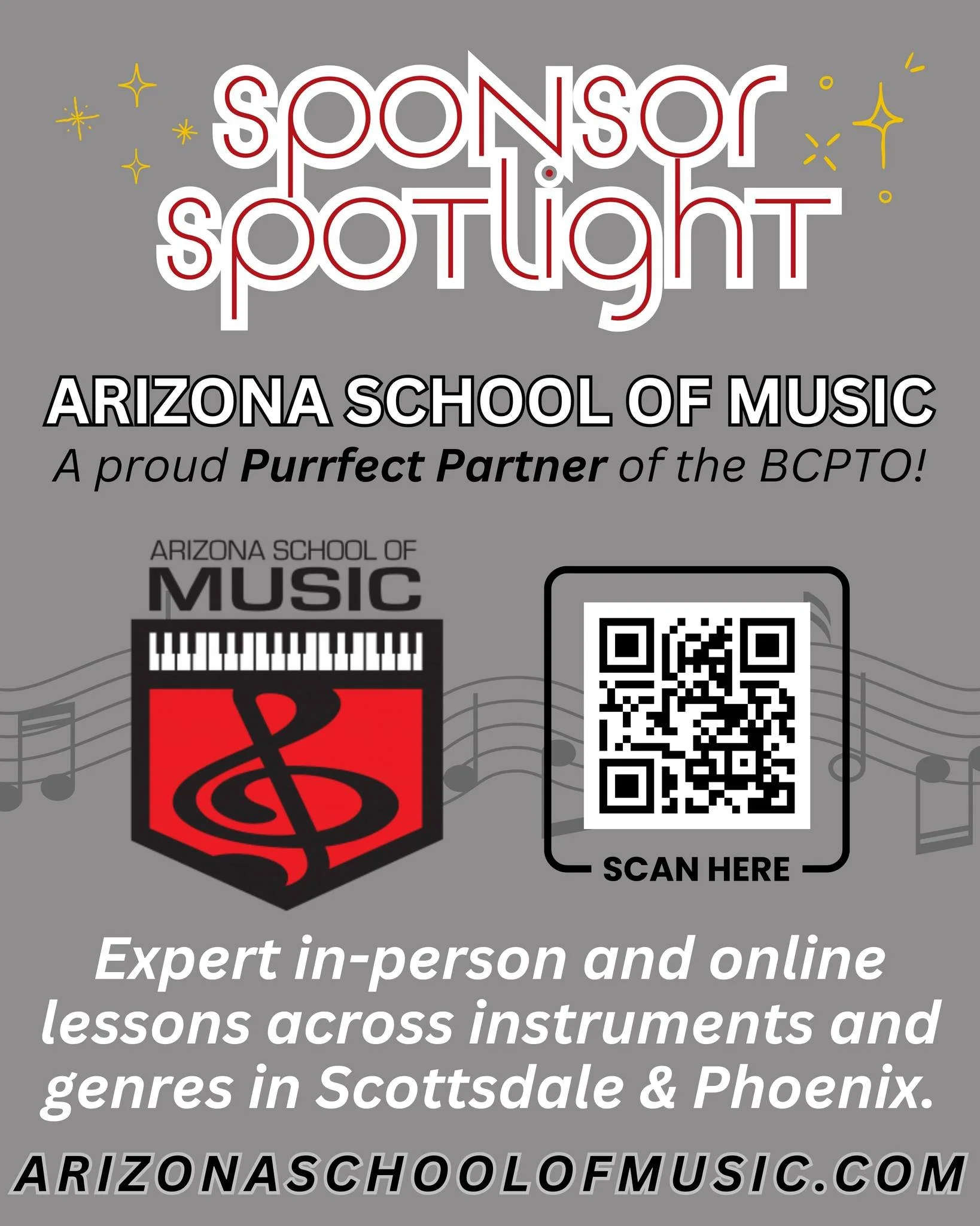 Sponsor Spotlight! 🌟

Arizona School of Music is a Purrfect Partner of the BCPTO! We are so grateful for their support. 🐾

They offer expert in-person AND online music lessons for various instruments and genres. If you have a Bobcat who is interest