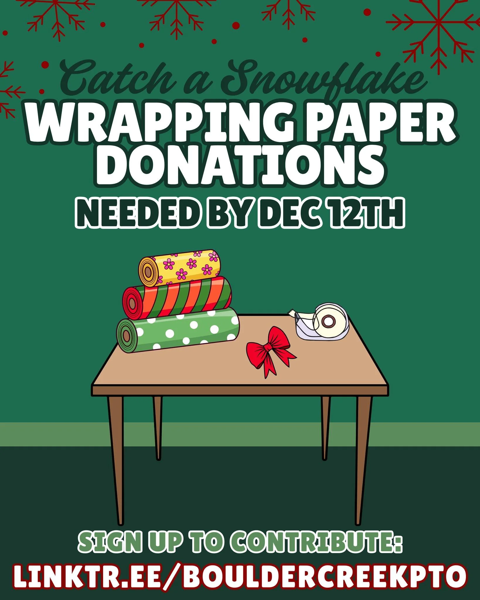 We&rsquo;re gathering wrapping supplies for our Catch a Snowflake gifts! ❄️

If you&rsquo;re able, please donate a roll of paper, roll of tape, or a bag of gift bows to help us wrap a little extra love around families in our own community. 🎁 

Drop-