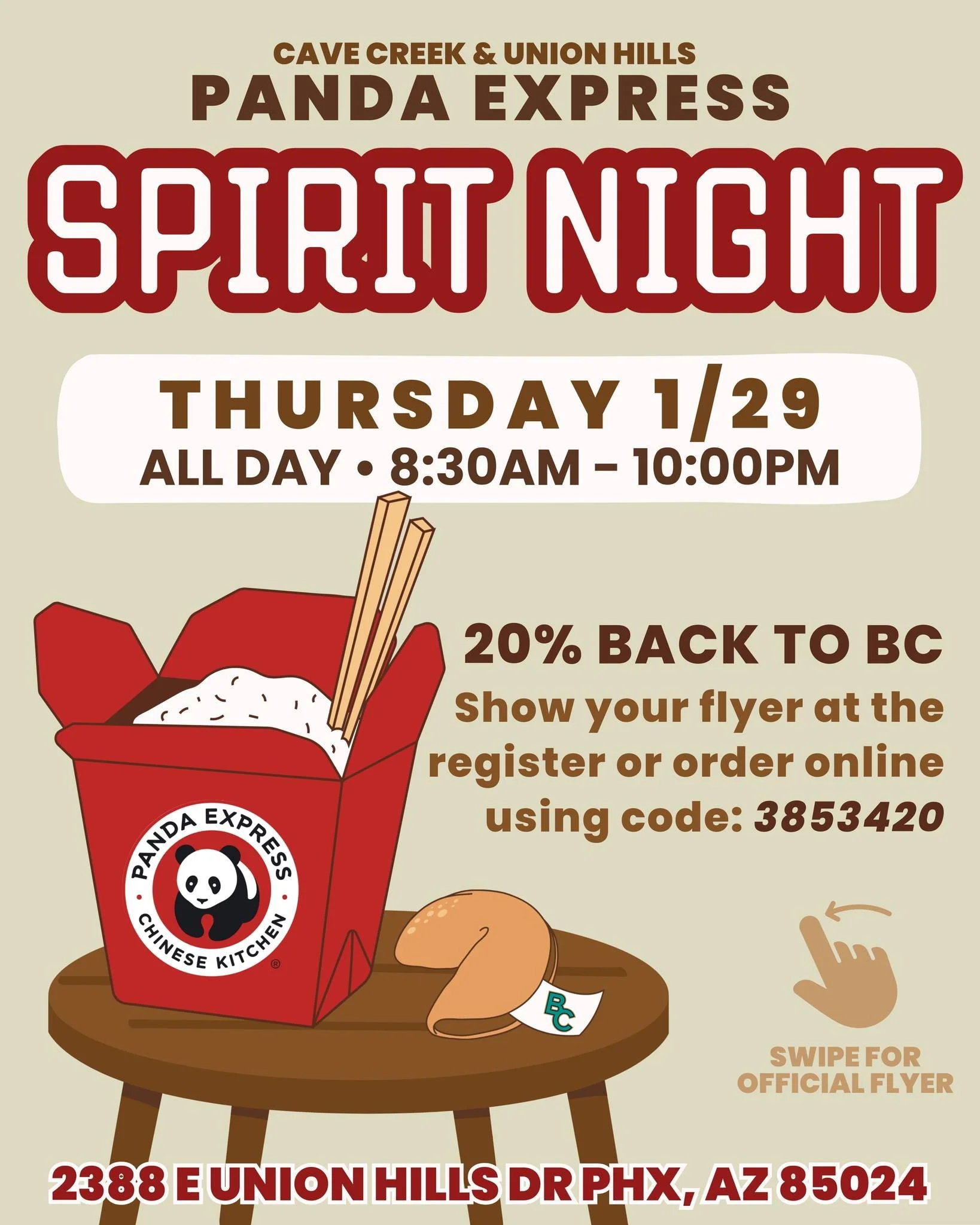 Skip the cooking and join us on Thursday 1/29 at Panda Express on Cave Creek &amp; Union Hills! 🐾 🍜

20% back to Boulder Creek ALL DAY from 8:30am-10:00pm.

Bring your paper flyer or present the attached digital flyer at the register, OR order onli