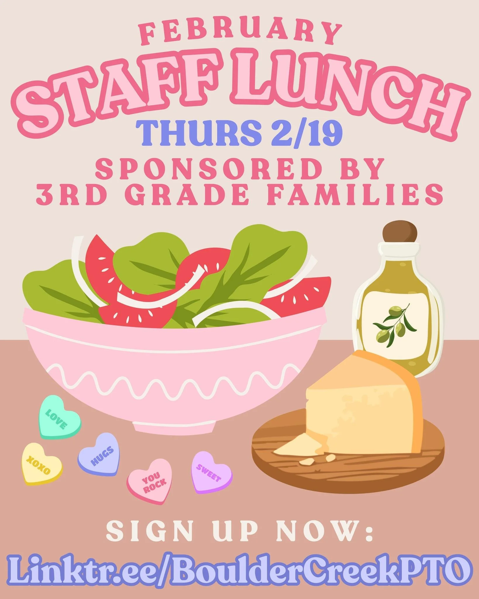 February's staff appreciation lunch is sponsored by 3rd grade families! Help us show our teachers how much we LOVE them! 💌

🔗 Sign up now at the link in our bio!