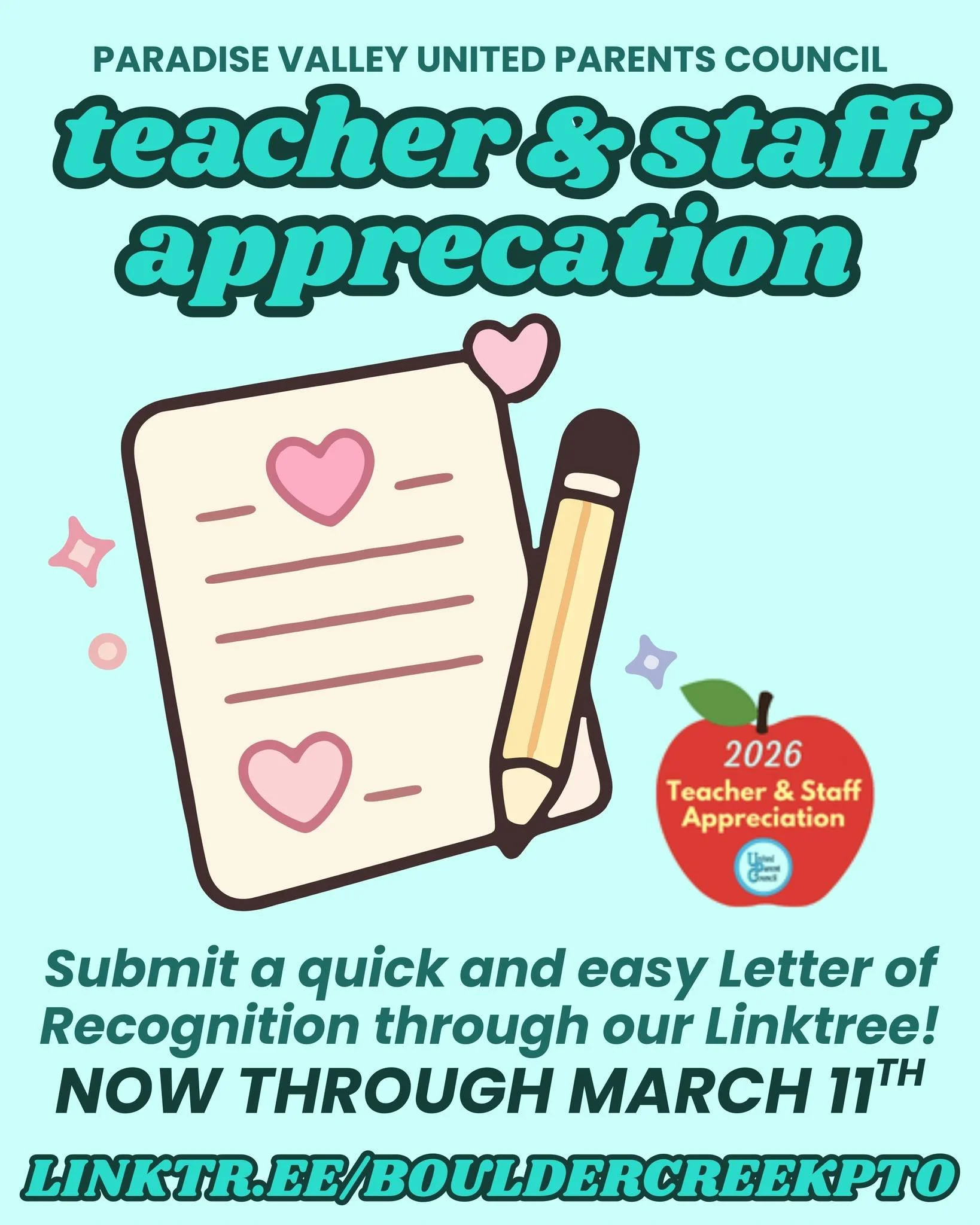 The PVUPC invites parents and students to recognize a teacher or staff member (like a bus driver, cafeteria, front office, nurse, assistant, etc.) from the current school year who has made a difference by going above and beyond for our students! 🩵


