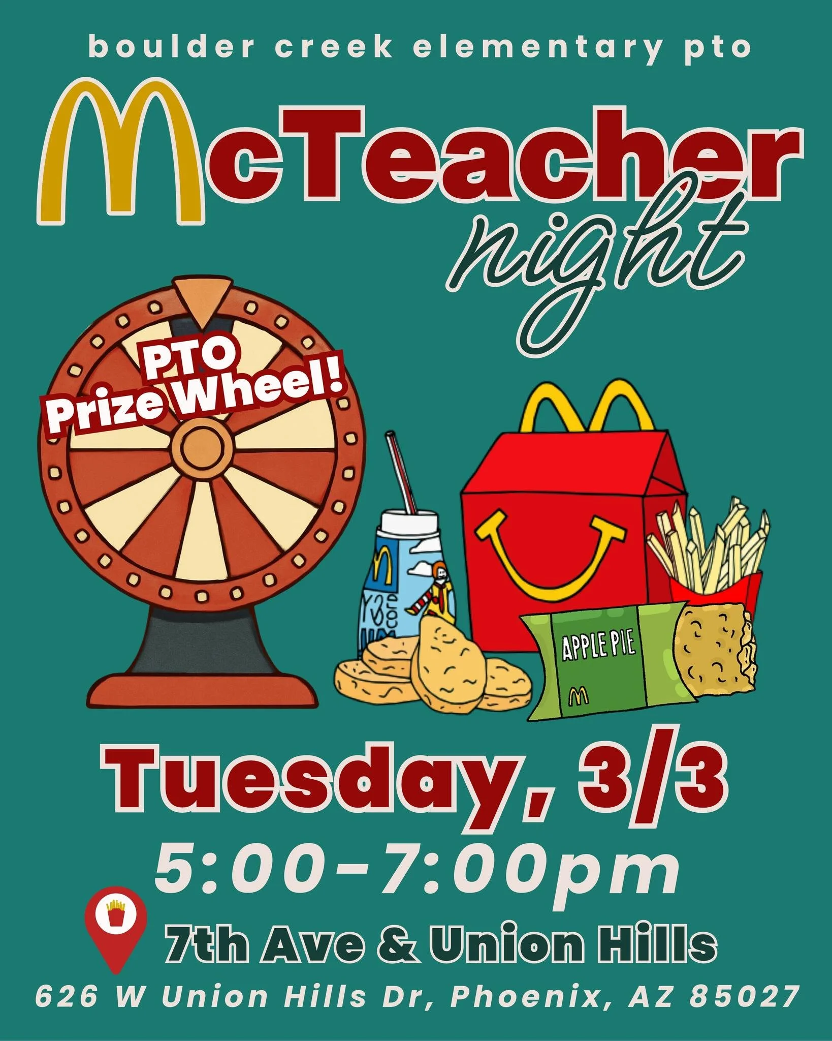 Spirit Night next Tuesday! 🎊 🐾
Join your friends and teachers for dinner, prizes, and dessert treats! 🍔 🍪

🗓 Tuesday, March 3rd
⏰ 5:00-7:00pm
📍 McDonalds on 7th Ave &amp; Union Hills

15% of ALL sales during the time window will count for BC, s