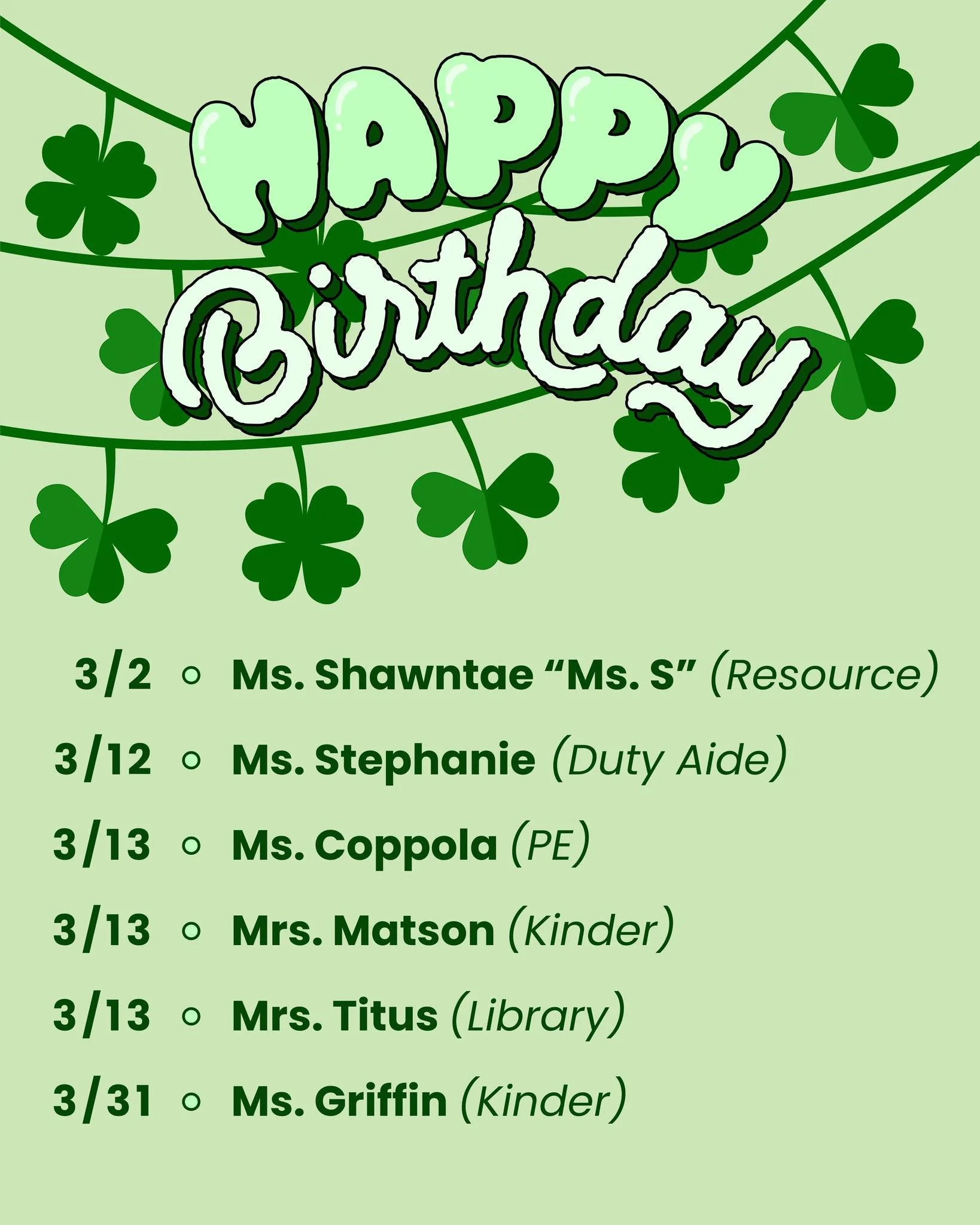 It's March!! Happy birthday to our BC staff celebrating this month!🍀 🎉